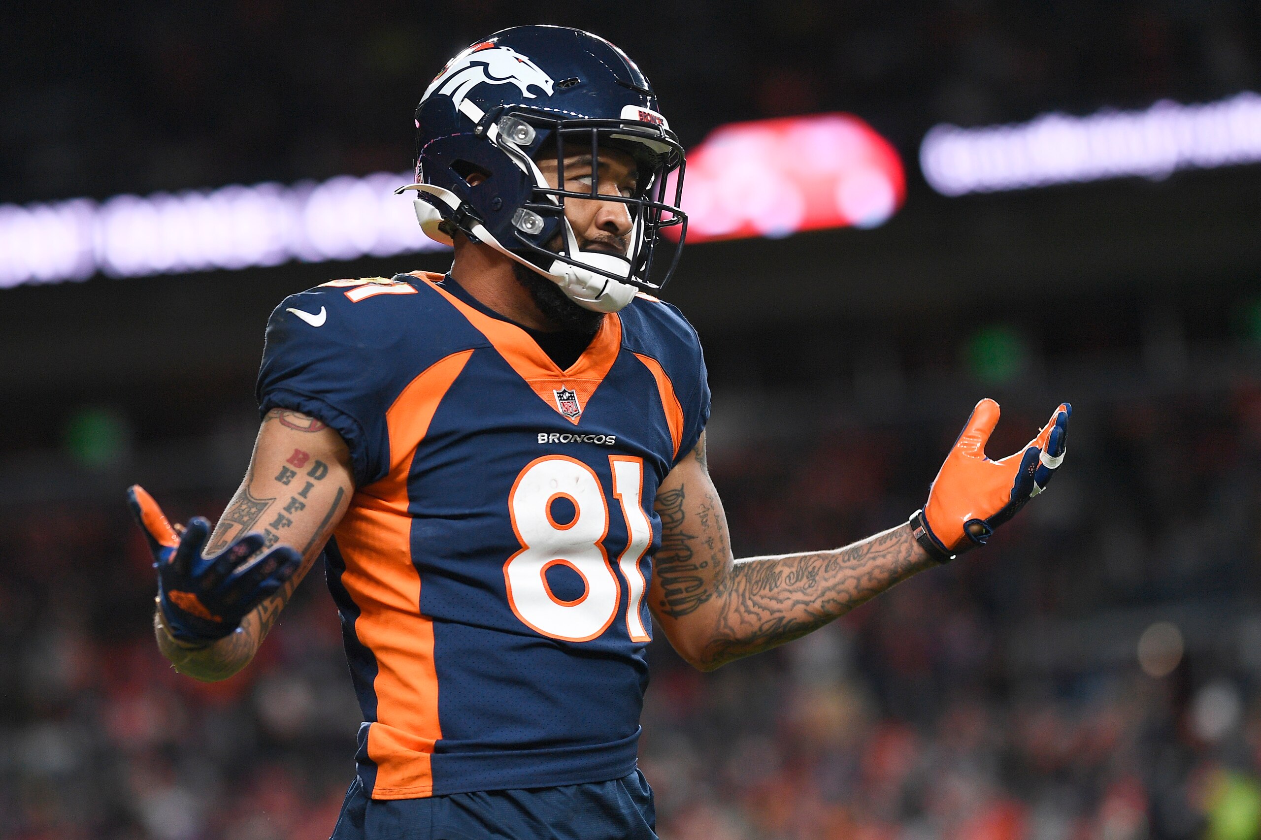 DENVER, COLORADO - JANUARY 08: Tim Patrick #81 of the Denver Broncos reacts after a non penalty call during the second half against the Kansas City Chiefs at Empower Field At Mile High on January 08, 2022 in Denver, Colorado. (Photo by Dustin Bradford/Getty Images)