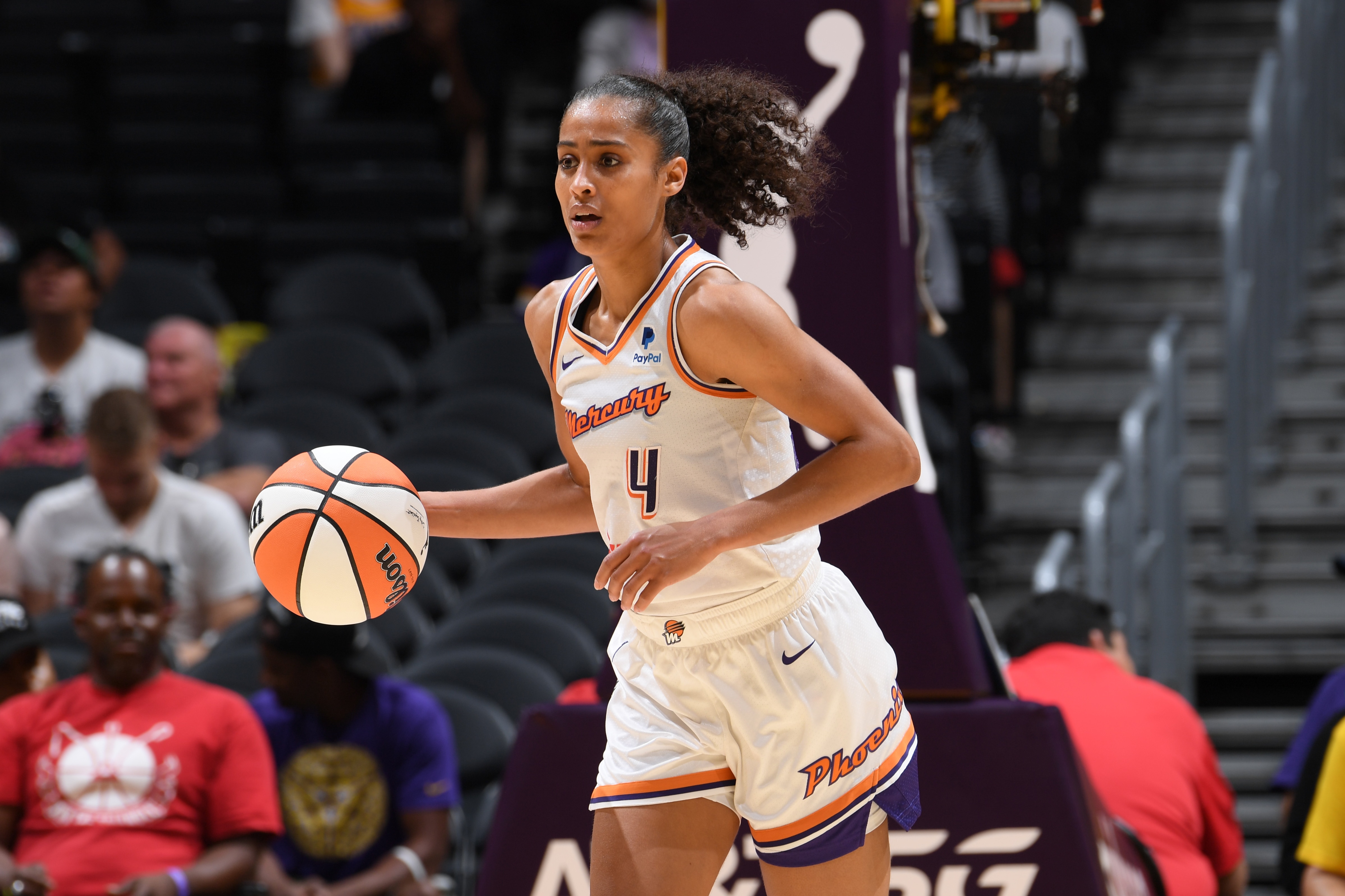 LOS ANGELES, CA - July 4: Skylar Diggins-Smith #4 of the Phoenix Mercury handles the ball during the game against the Los Angeles Sparks on July 4, 2022 at Crypto.com Arena in Los Angeles, California. NOTE TO USER: User expressly acknowledges and agrees that, by downloading and/or using this Photograph, user is consenting to the terms and conditions of the Getty Images License Agreement. Mandatory Copyright Notice: Copyright 2022 NBAE (Photo by Juan Ocampo/NBAE via Getty Images)