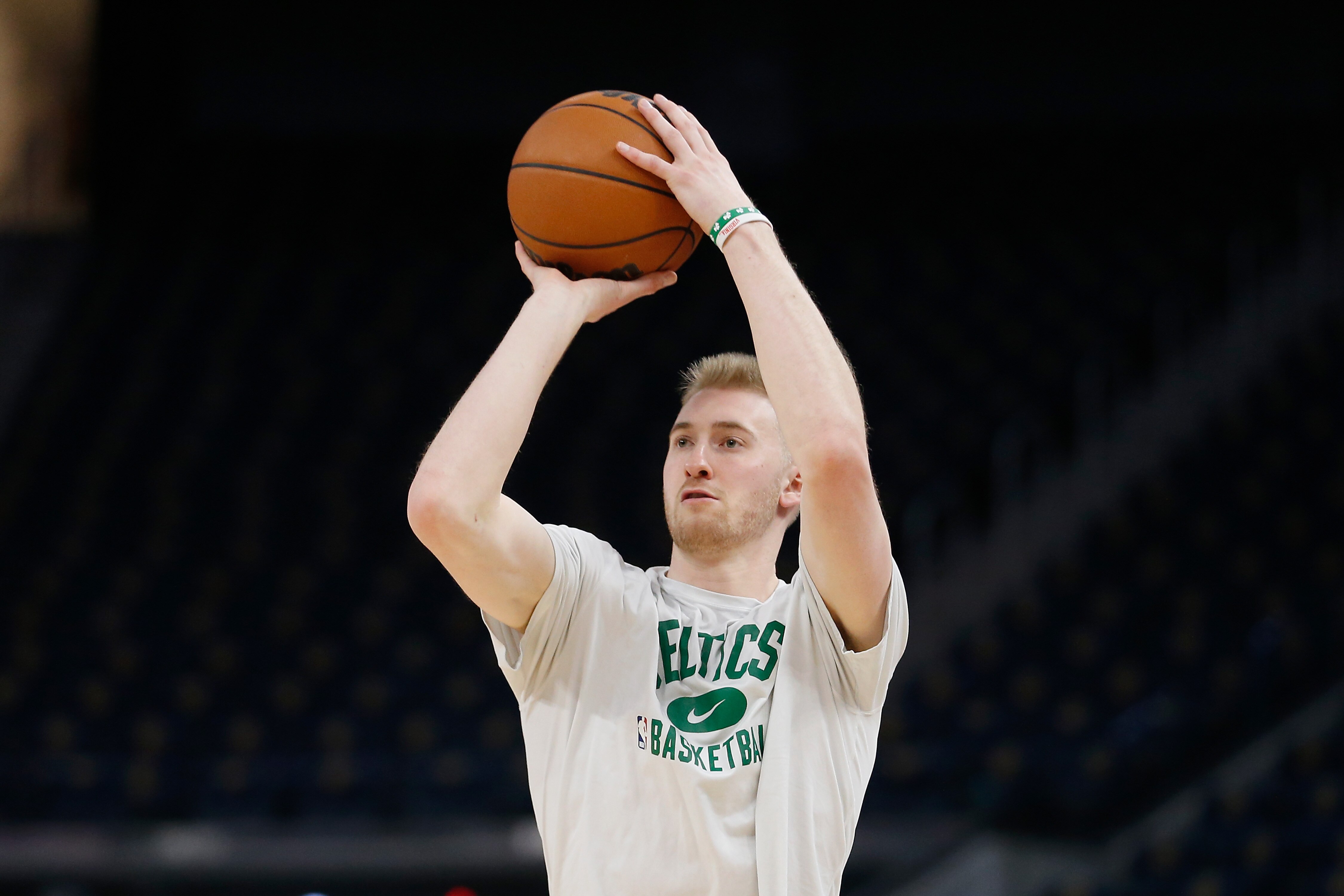 SAN FRANCISCO, CALIFORNIA - MARCH 16: Sam Hauser #30 of the Boston Celtics warms up before the game against the Golden State Warriors at Chase Center on March 16, 2022 in San Francisco, California. NOTE TO USER: User expressly acknowledges and agrees that, by downloading and/or using this photograph, User is consenting to the terms and conditions of the Getty Images License Agreement. (Photo by Lachlan Cunningham/Getty Images)