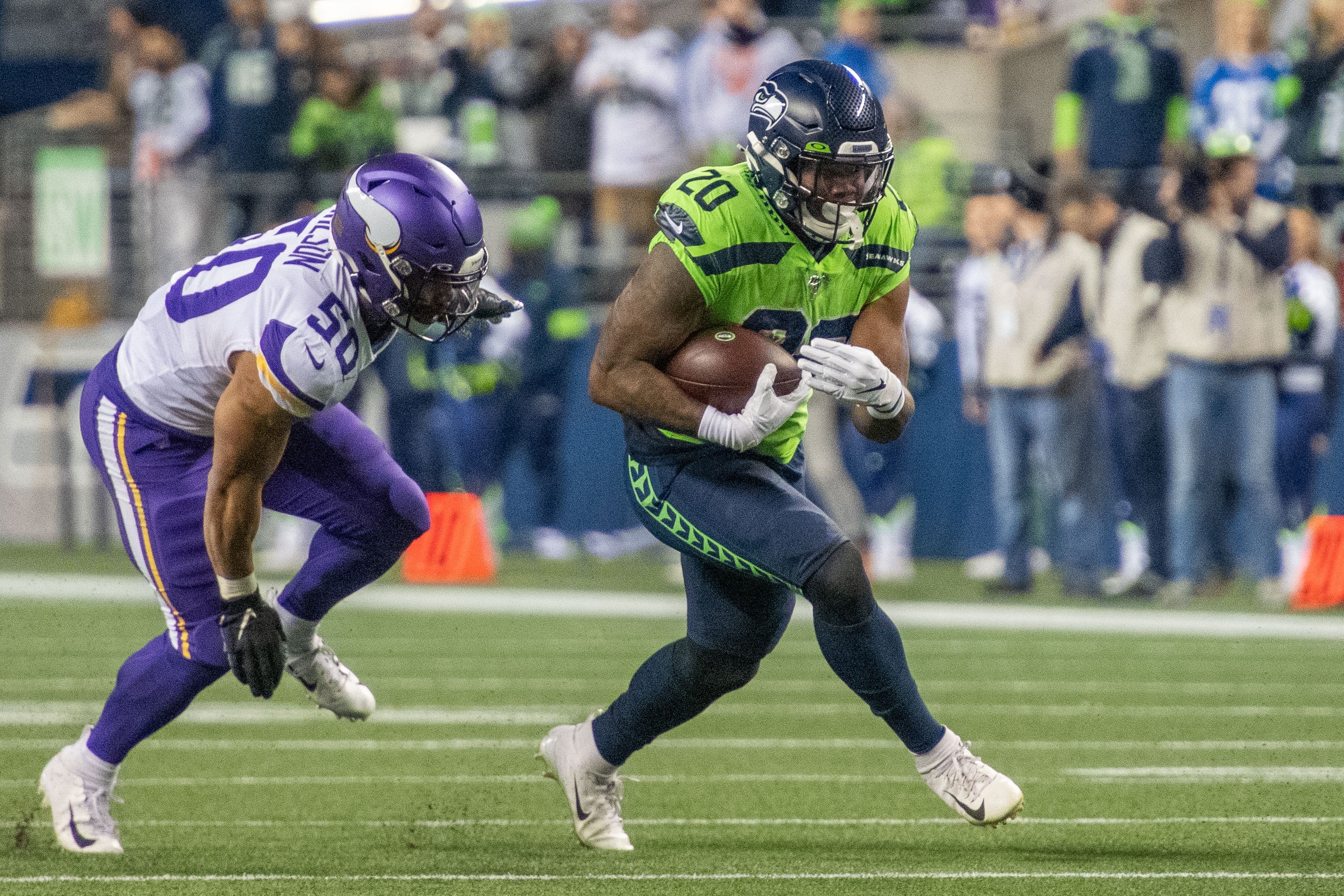 SEATTLE, WA - DECEMBER 02: Seattle Seahawks Running Back Rashaad Penny (20) running with the ball during an NFL game between the Seattle Seahawks and the Minnesota Vikings on December 02, 2019, at Century Link Stadium in Seattle, WA. (Photo by Michael Workman/Icon Sportswire via Getty Images)