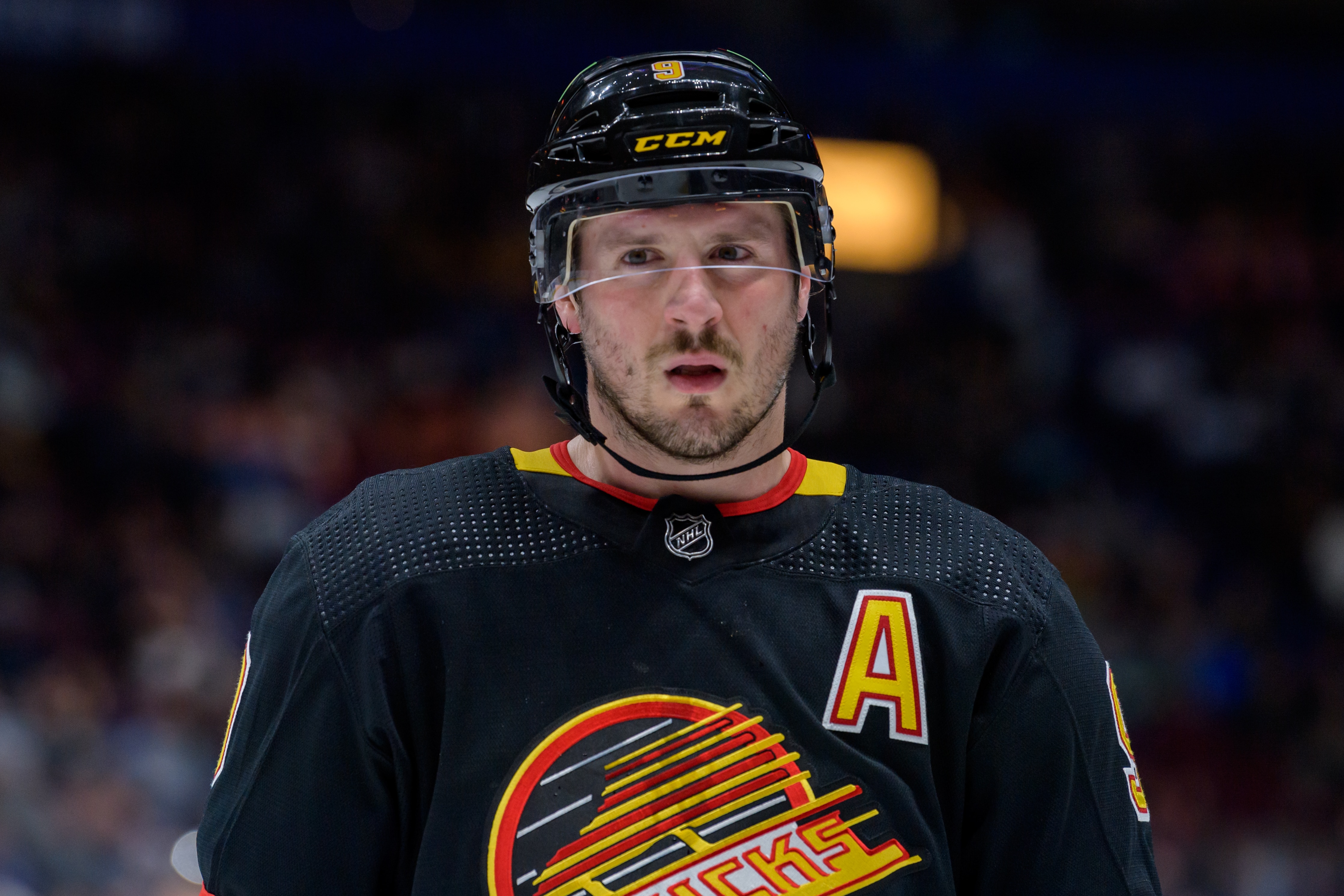 VANCOUVER, BC - APRIL 26: Vancouver Canucks center J.T. Miller (9) waits for a face-off during their NHL game against the Seattle Kraken at Rogers Arena on April 26, 2022 in Vancouver, British Columbia, Canada. (Photo by Derek Cain/Icon Sportswire via Getty Images)