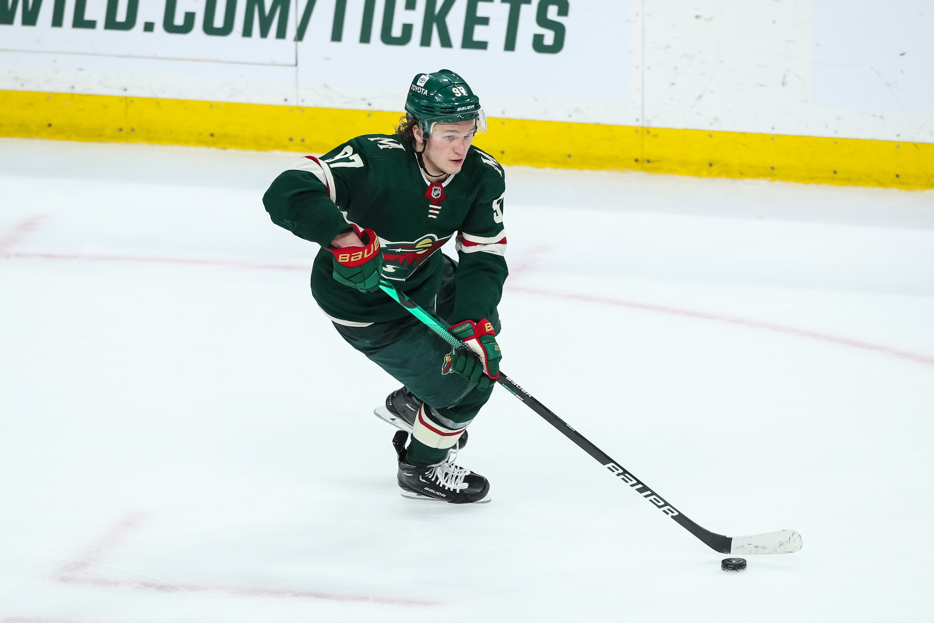 ST PAUL, MN - MAY 10: Kirill Kaprizov #97 of the Minnesota Wild skates with the puck against the St. Louis Blues in the third period in Game Five of the First Round of the 2022 Stanley Cup Playoffs at Xcel Energy Center on May 10, 2022 in St Paul, Minnesota. The Blues defeated the Wild 5-2 to take a 3-2 series lead. (Photo by David Berding/Getty Images) ST PAUL, MN - MAY 10: Kirill Kaprizov #97 of the Minnesota Wild skates with the puck against the St. Louis Blues in the third period in Game Five of the First Round of the 2022 Stanley Cup Playoffs at Xcel Energy Center on May 10, 2022 in St Paul, Minnesota. The Blues defeated the Wild 5-2 to take a 3-2 series lead. (Photo by David Berding/Getty Images)