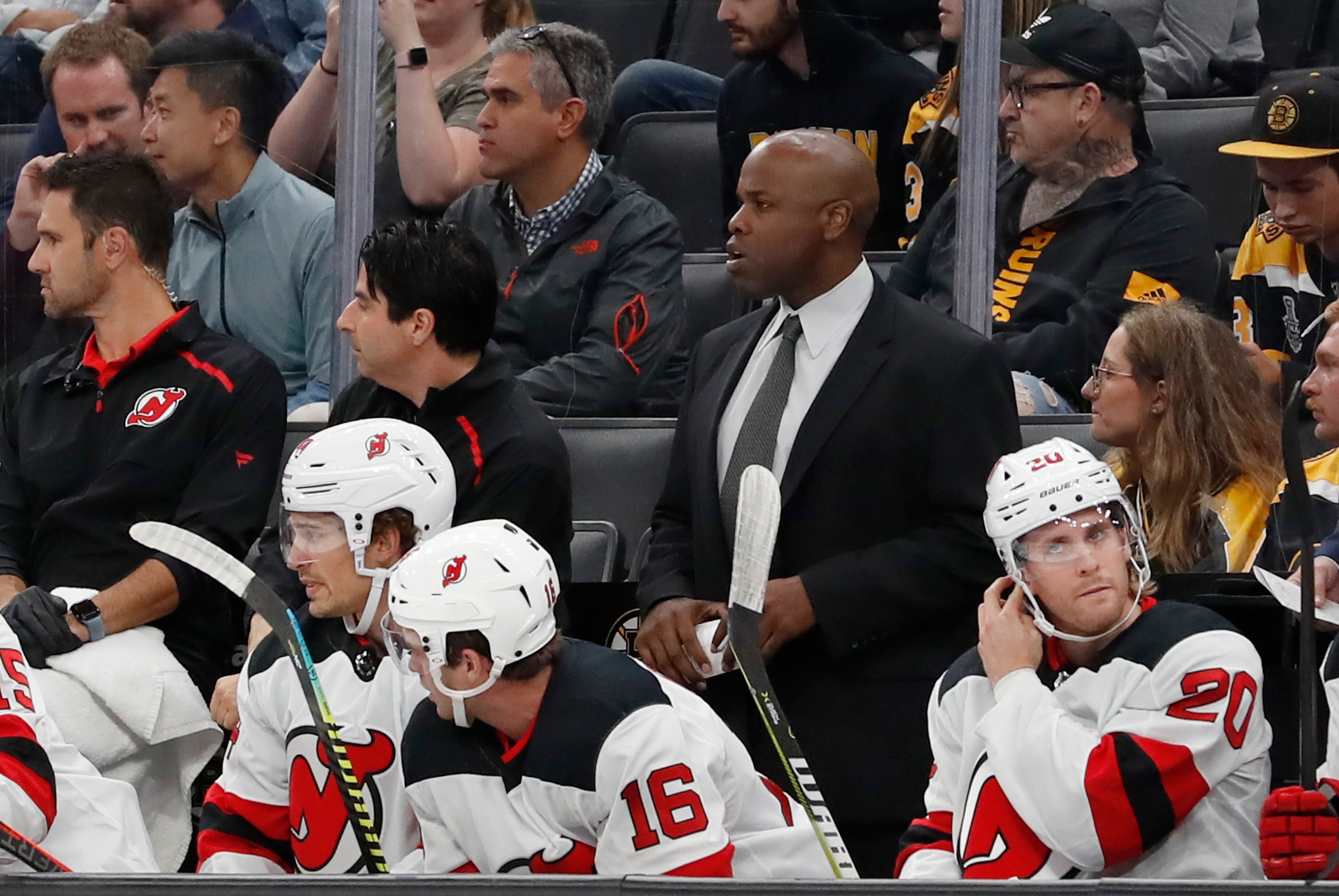 BOSTON, MA - SEPTEMBER 25: New Jersey Devils assistant coach Mike Grier during a preseason game between the Boston Bruins and the New Jersey Devils on September 25, 2019, at TD Garden in Boston, Massachusetts. (Photo by Fred Kfoury III/Icon Sportswire via Getty Images) BOSTON, MA - SEPTEMBER 25: New Jersey Devils assistant coach Mike Grier during a preseason game between the Boston Bruins and the New Jersey Devils on September 25, 2019, at TD Garden in Boston, Massachusetts. (Photo by Fred Kfoury III/Icon Sportswire via Getty Images)