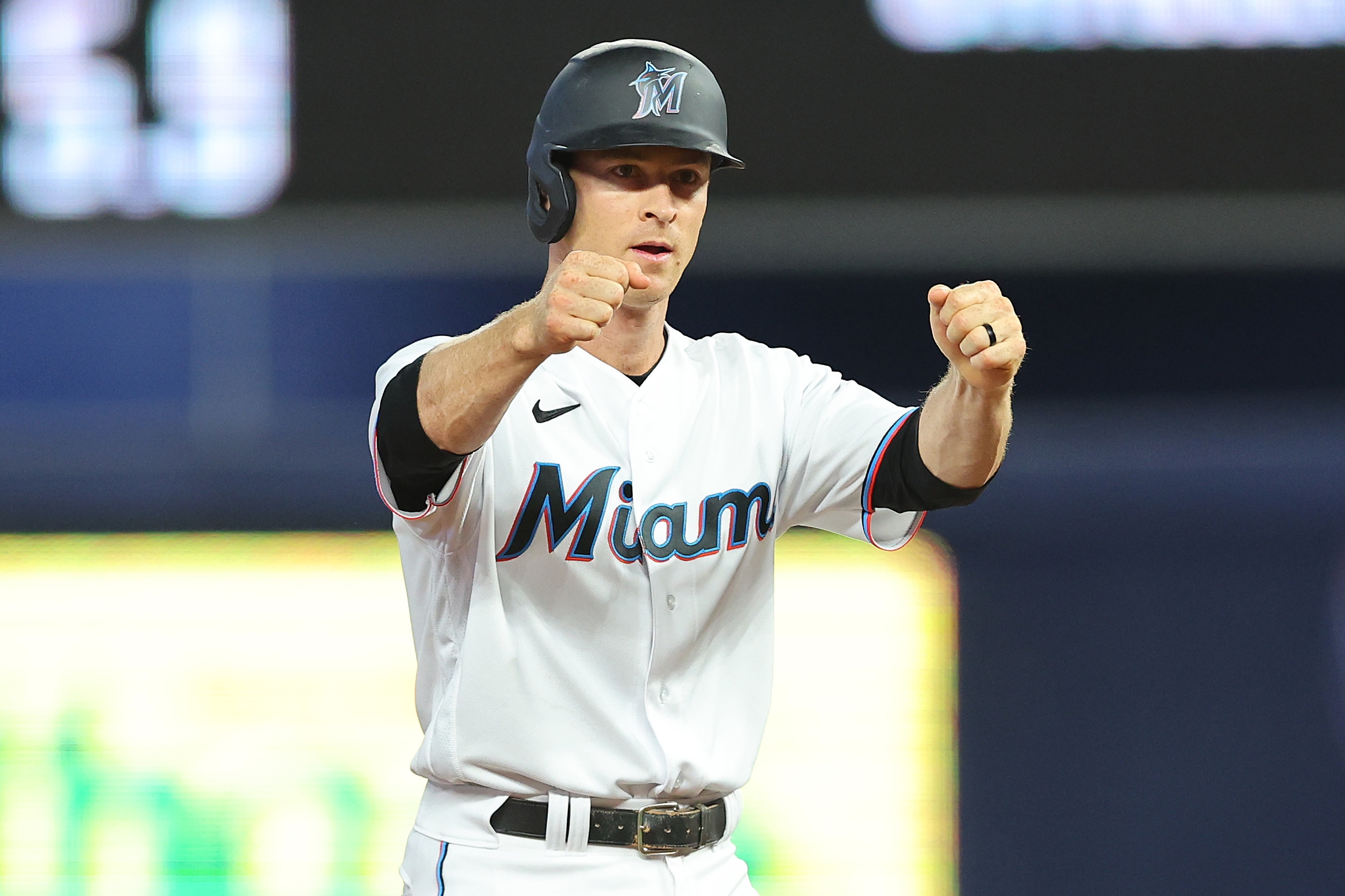 MIAMI, FLORIDA - JULY 05: Joey Wendle #18 of the Miami Marlins celebrates a double during the first inning against the Los Angeles Angels at loanDepot park on July 05, 2022 in Miami, Florida. (Photo by Michael Reaves/Getty Images)
