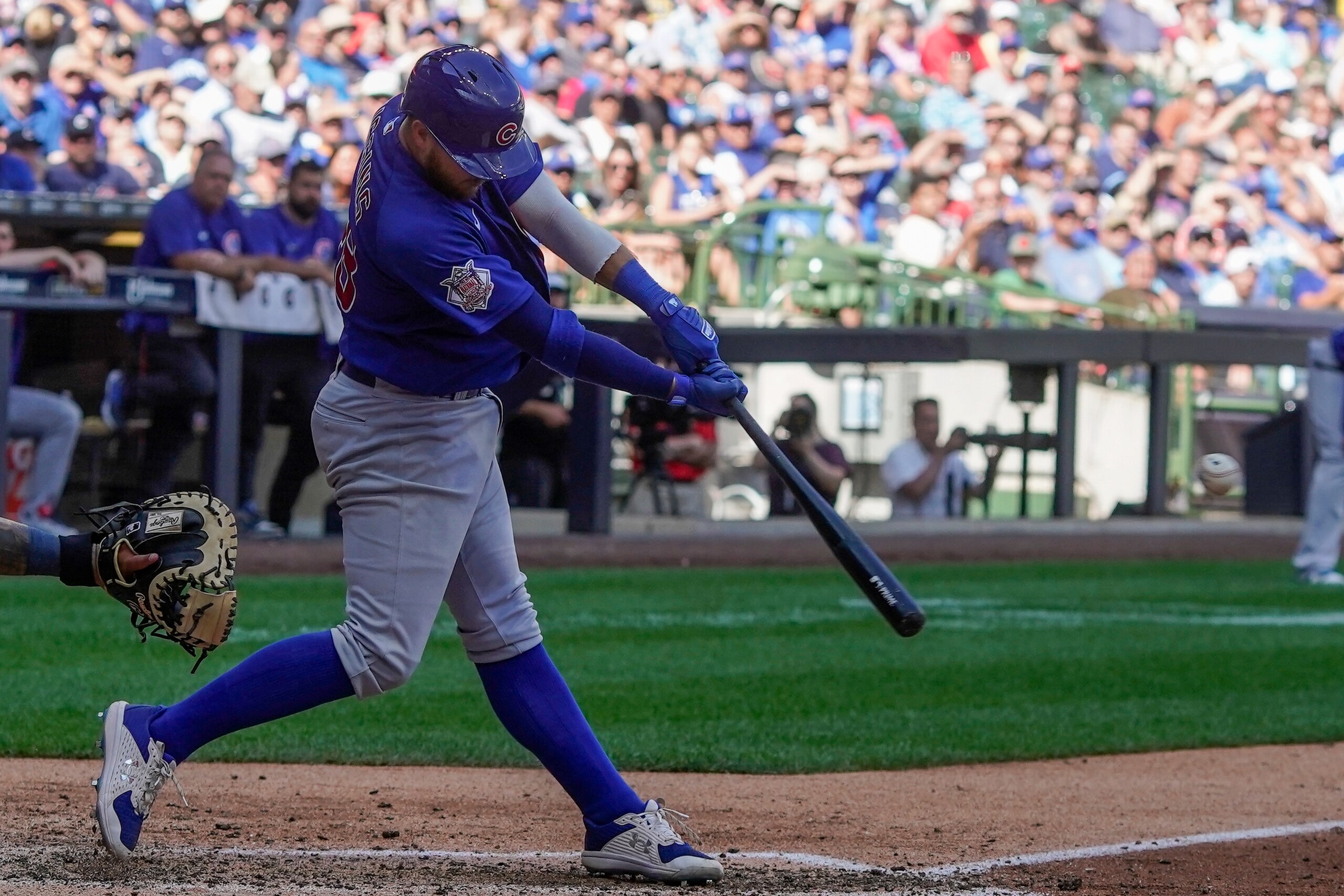 Chicago Cubs' P.J. Higgins hits an RBI double during the ninth inning of a baseball game against the Milwaukee Brewers Wednesday, July 6, 2022, in Milwaukee. (AP Photo/Morry Gash) Chicago Cubs' P.J. Higgins hits an RBI double during the ninth inning of a baseball game against the Milwaukee Brewers Wednesday, July 6, 2022, in Milwaukee. (AP Photo/Morry Gash)