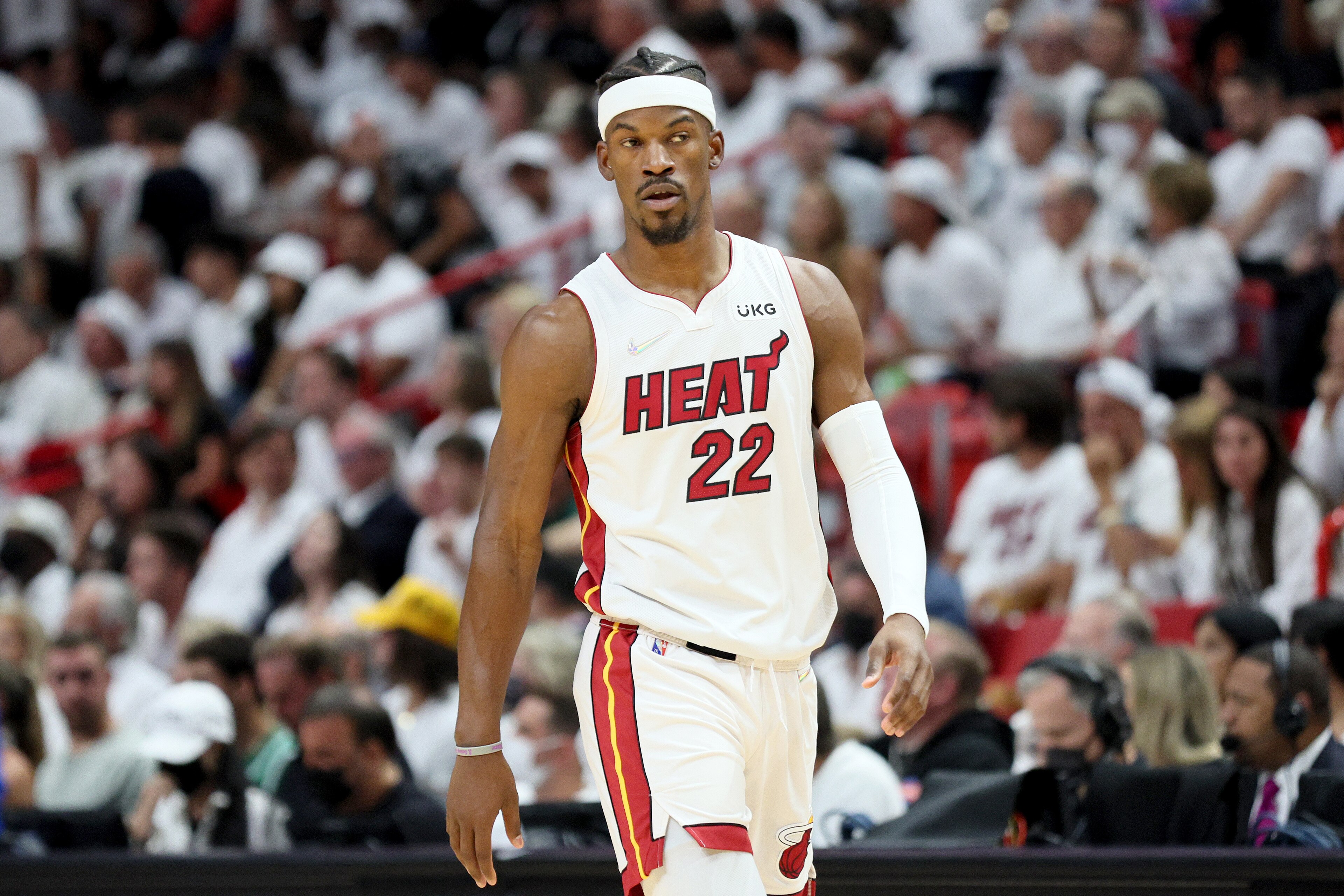 MIAMI, FLORIDA - MAY 29: Jimmy Butler #22 of the Miami Heat looks on against the Boston Celtics during the first quarter in Game Seven of the 2022 NBA Playoffs Eastern Conference Finals at FTX Arena on May 29, 2022 in Miami, Florida. NOTE TO USER: User expressly acknowledges and agrees that, by downloading and/or using this photograph, User is consenting to the terms and conditions of the Getty Images License Agreement. (Photo by Andy Lyons/Getty Images)
