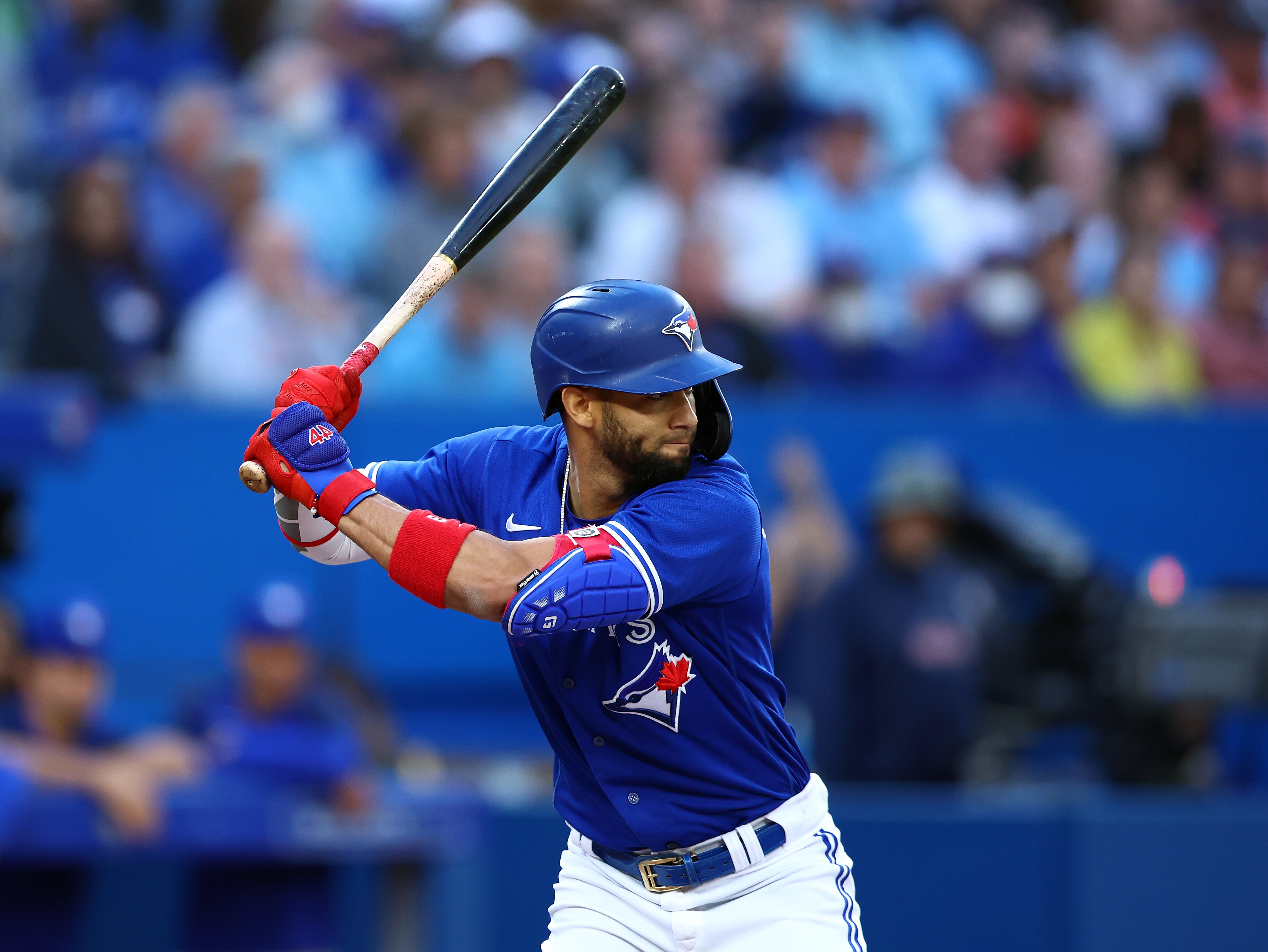 TORONTO, ON - JUNE 27:  Lourdes Gurriel Jr. #13 of the Toronto Blue Jays bats during a MLB game against the Boston Red Sox at Rogers Centre on June 27, 2022 in Toronto, Ontario, Canada.  (Photo by Vaughn Ridley/Getty Images)