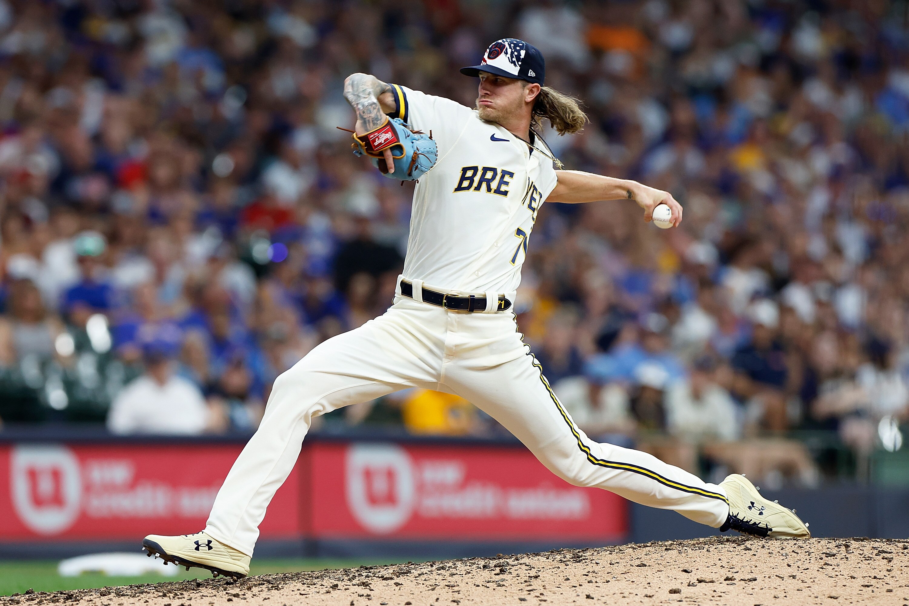 MILWAUKEE, WISCONSIN - JULY 04: Josh Hader #71 of the Milwaukee Brewers throws a pitch in the ninth inning against the Chicago Cubs at American Family Field on July 04, 2022 in Milwaukee, Wisconsin. (Photo by John Fisher/Getty Images)