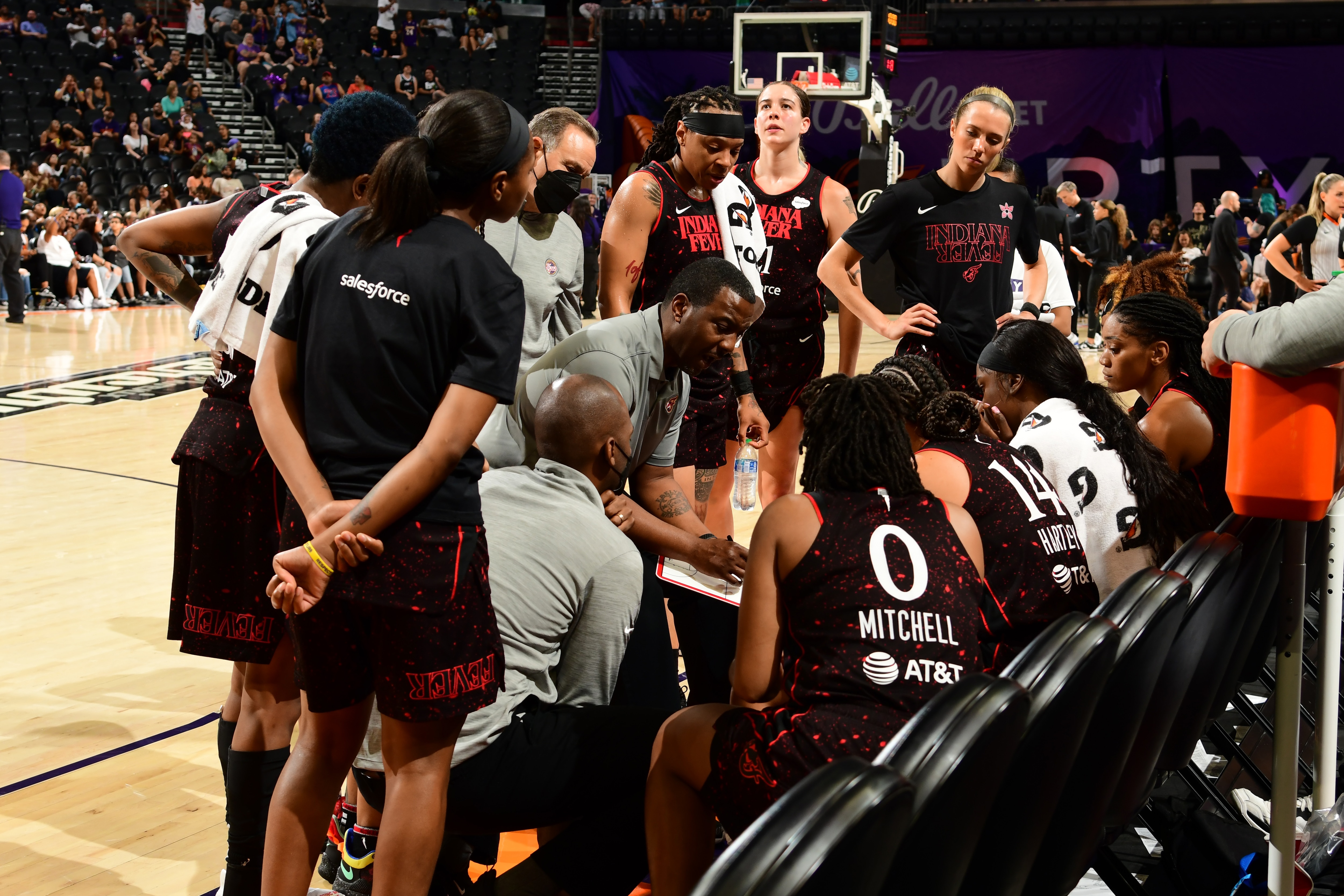 PHOENIX, AZ - JUNE 29: Carlos Knox head coach of the Phoenix Mercury discusses with his team during the game against the Indiana Fever on June 29, 2022 at Footprint Center in Phoenix, Arizona. NOTE TO USER: User expressly acknowledges and agrees that, by downloading and or using this photograph, user is consenting to the terms and conditions of the Getty Images License Agreement. Mandatory Copyright Notice: Copyright 2022 NBAE (Photo by Kate Frese/NBAE via Getty Images)