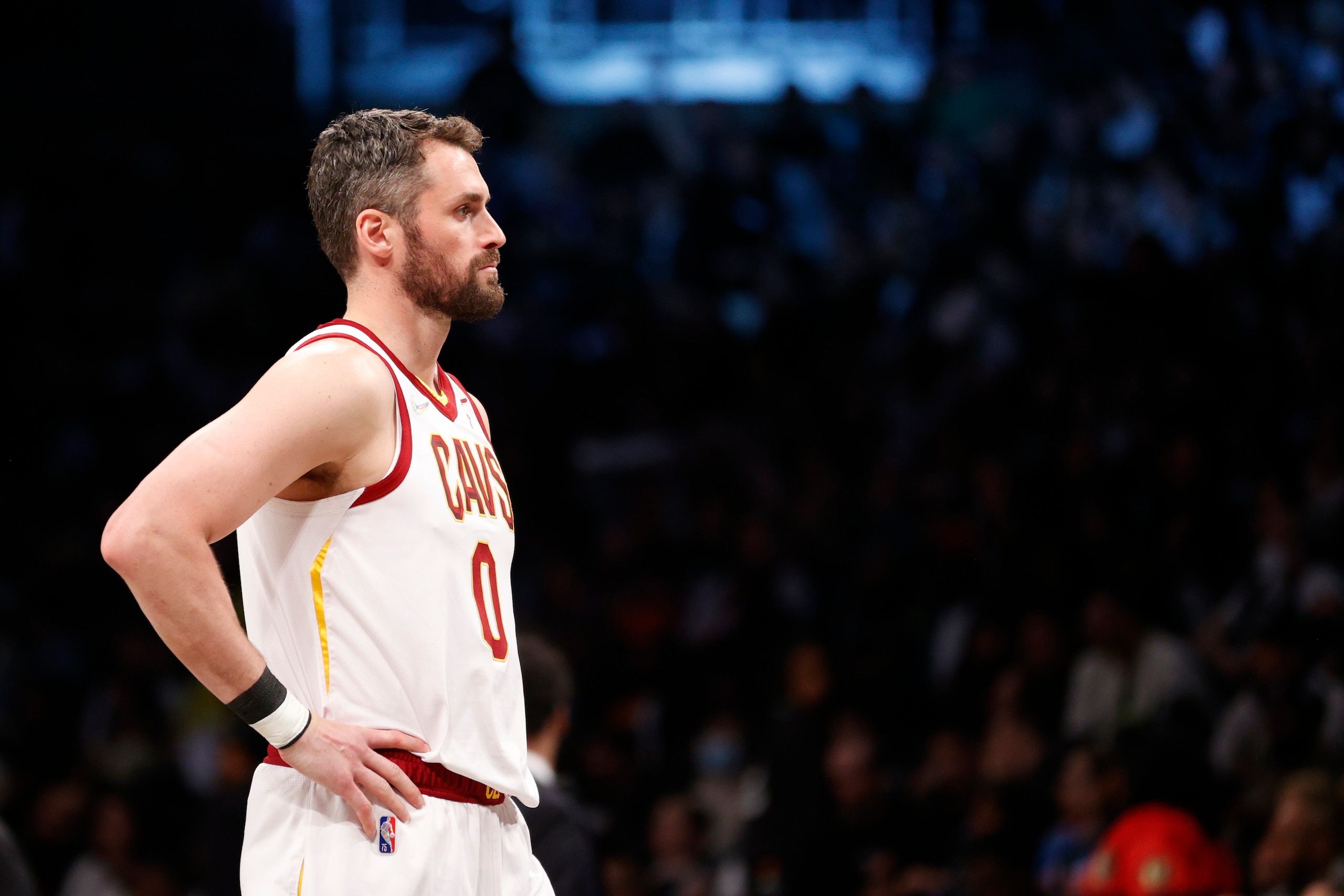 NEW YORK, NEW YORK - APRIL 12: Kevin Love #0 of the Cleveland Cavaliers looks on during the second half of the Eastern Conference 2022 Play-In Tournament against the Brooklyn Nets at Barclays Center on April 12, 2022 in the Brooklyn borough of New York City. The Nets won 115-108. NOTE TO USER: User expressly acknowledges and agrees that, by downloading and or using this photograph, User is consenting to the terms and conditions of the Getty Images License Agreement. (Photo by Sarah Stier/Getty Images) NEW YORK, NEW YORK - APRIL 12: Kevin Love #0 of the Cleveland Cavaliers looks on during the second half of the Eastern Conference 2022 Play-In Tournament against the Brooklyn Nets at Barclays Center on April 12, 2022 in the Brooklyn borough of New York City. The Nets won 115-108. NOTE TO USER: User expressly acknowledges and agrees that, by downloading and or using this photograph, User is consenting to the terms and conditions of the Getty Images License Agreement. (Photo by Sarah Stier/Getty Images)