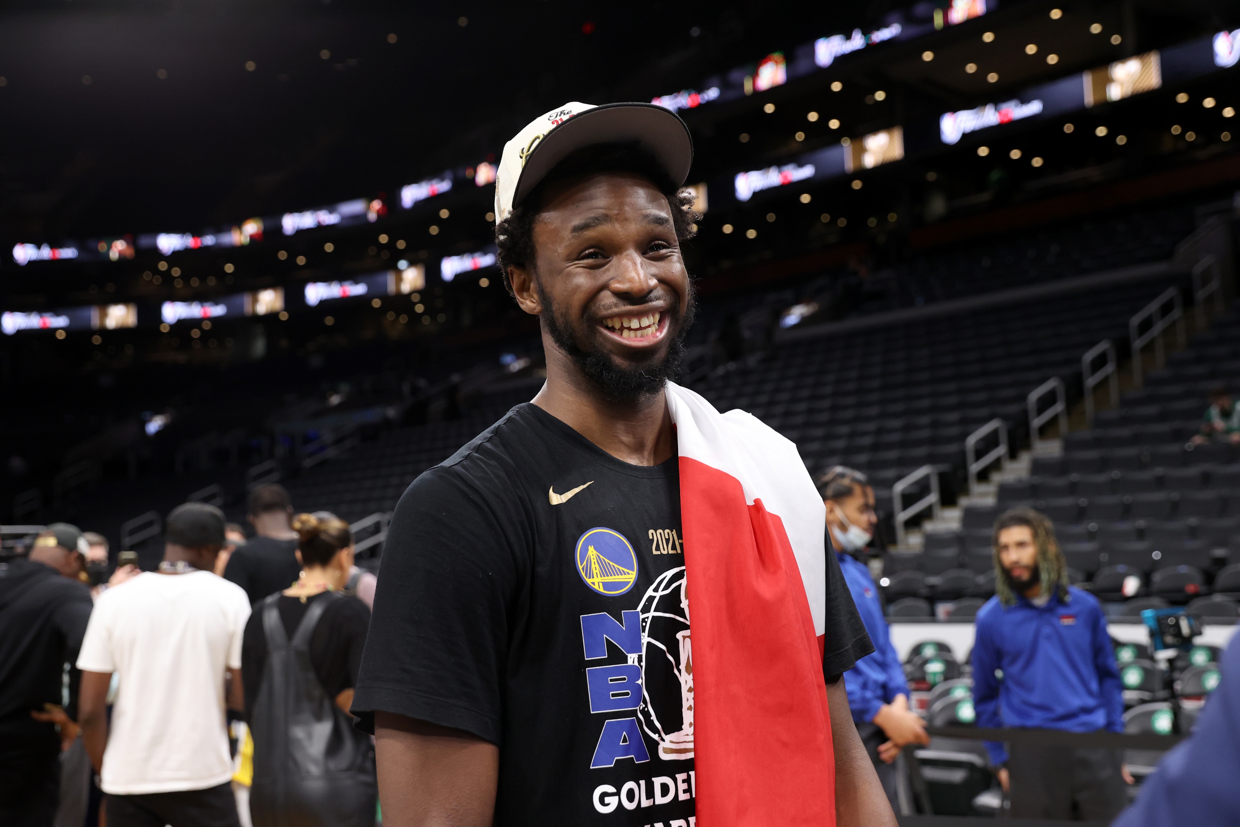 BOSTON, MA - JUNE 16: Andrew Wiggins #22 of the Golden State Warriors smiles after Game Six of the 2022 NBA Finals on June 16, 2022 at TD Garden in Boston, Massachusetts. NOTE TO USER: User expressly acknowledges and agrees that, by downloading and or using this photograph, user is consenting to the terms and conditions of Getty Images License Agreement. Mandatory Copyright Notice: Copyright 2022 NBAE (Photo by Joe Murphy/NBAE via Getty Images) BOSTON, MA - JUNE 16: Andrew Wiggins #22 of the Golden State Warriors smiles after Game Six of the 2022 NBA Finals on June 16, 2022 at TD Garden in Boston, Massachusetts. NOTE TO USER: User expressly acknowledges and agrees that, by downloading and or using this photograph, user is consenting to the terms and conditions of Getty Images License Agreement. Mandatory Copyright Notice: Copyright 2022 NBAE (Photo by Joe Murphy/NBAE via Getty Images)
