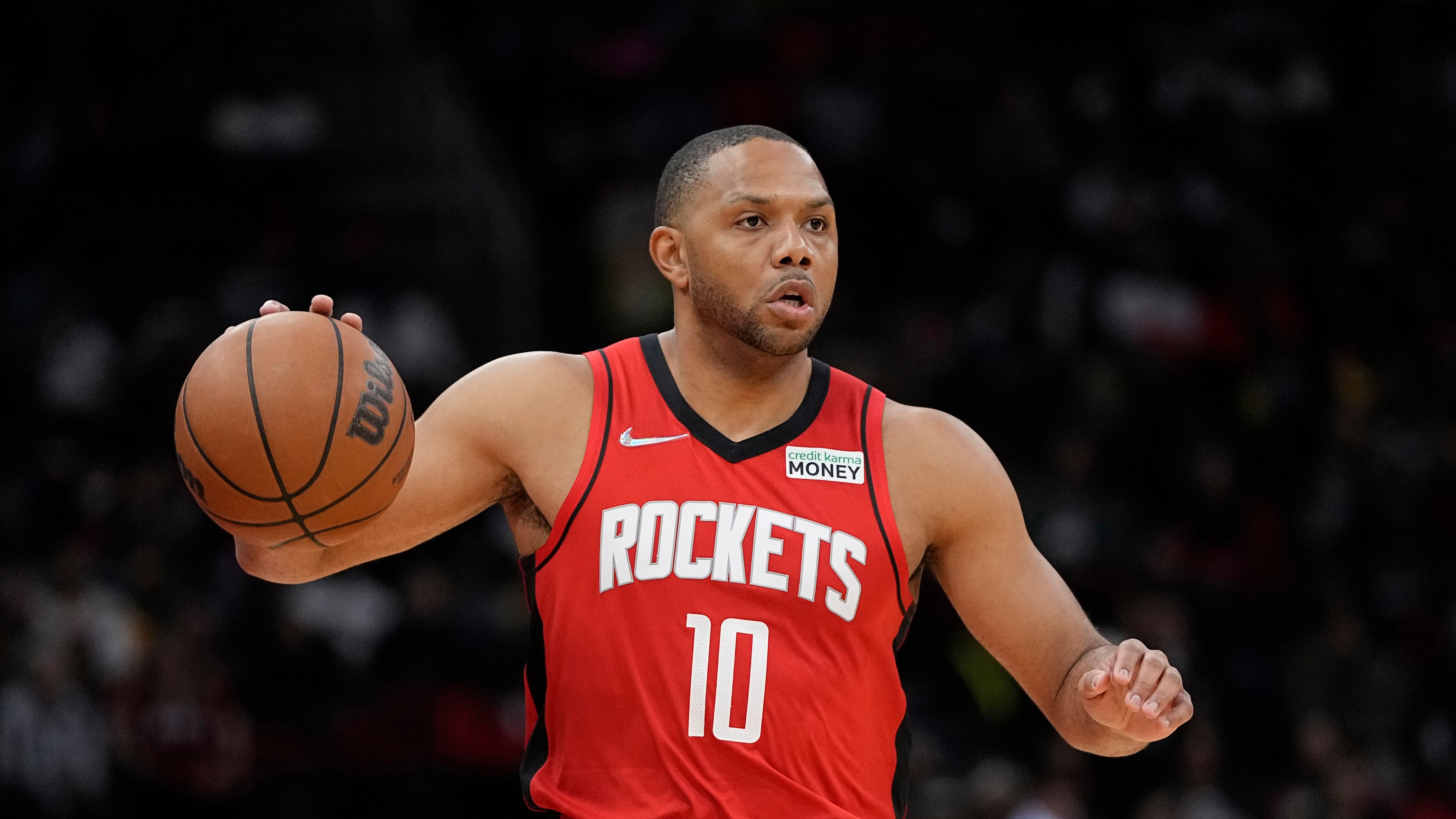 Houston Rockets' Eric Gordon brings the ball up the court against the Los Angeles Lakers during the second half of an NBA basketball game Wednesday, March 9, 2022, in Houston. The Rockets won 139-130 in overtime. (AP Photo/David J. Phillip)