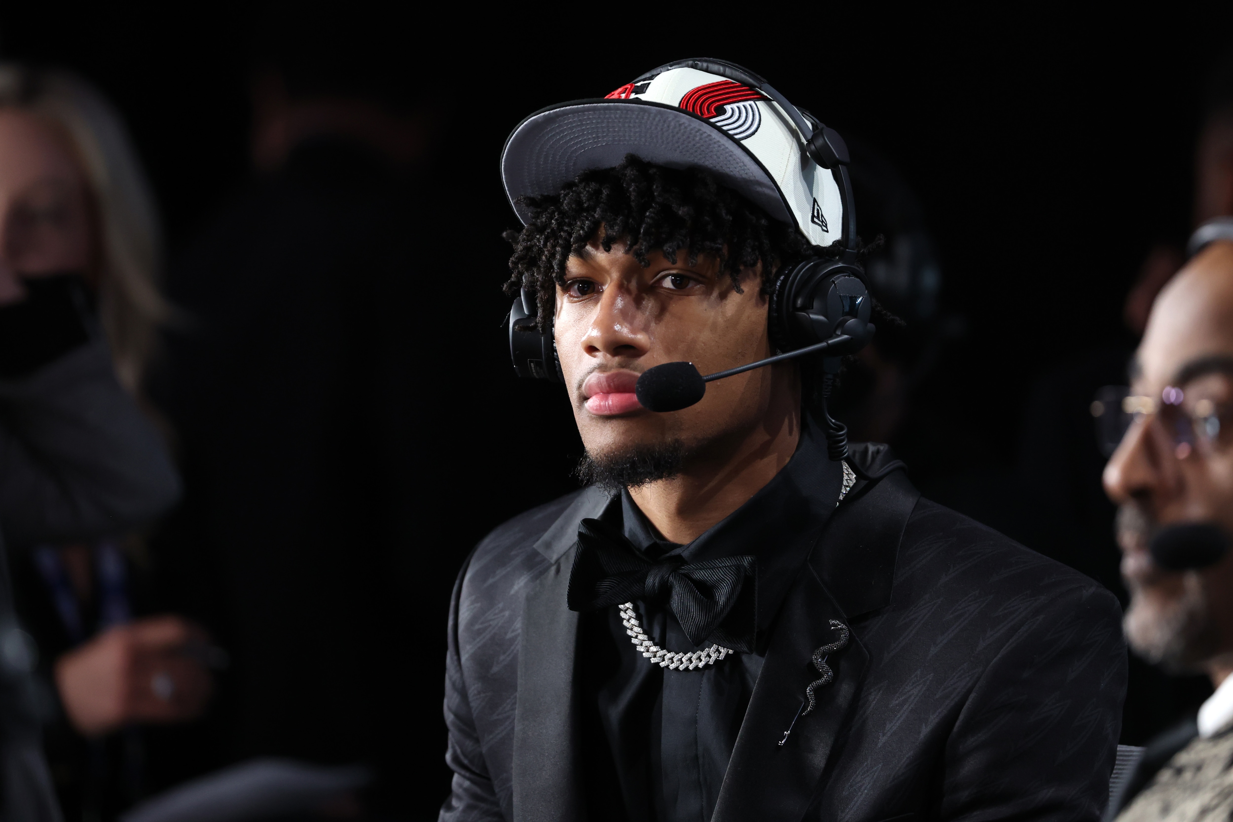 BROOKLYN, NY - JUNE 23: Shaedon Sharpe talks to the media after being selected number seven overall by the Portland Trail Blazers during the 2022 NBA Draft on June 23, 2022 at Barclays Center in Brooklyn, New York. NOTE TO USER: User expressly acknowledges and agrees that, by downloading and or using this photograph, User is consenting to the terms and conditions of the Getty Images License Agreement. Mandatory Copyright Notice: Copyright 2022 NBAE (Photo by Jeff Haynes/NBAE via Getty Images)