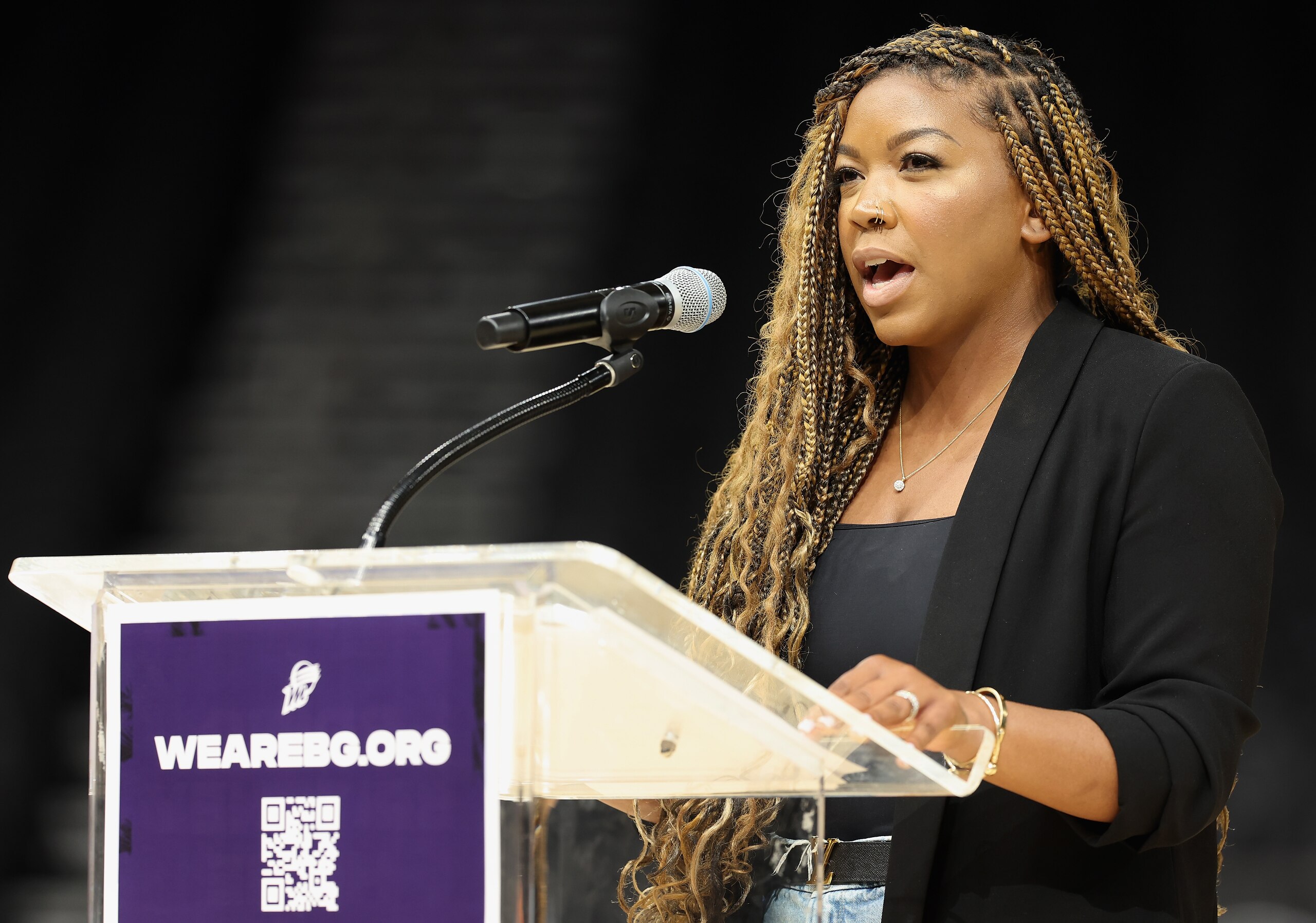 PHOENIX, ARIZONA - JULY 06: Cherelle Griner, the wife of Brittney Griner, speaks during a rally to support the release of detained American professional athlete Britney Griner at Footprint Center on July 06, 2022 in Phoenix, Arizona. WNBA star and Phoenix Mercury athlete Brittney Griner was detained on February 17 at a Moscow-area airport after cannabis oil was allegedly found in her luggage. (Photo by Christian Petersen/Getty Images)