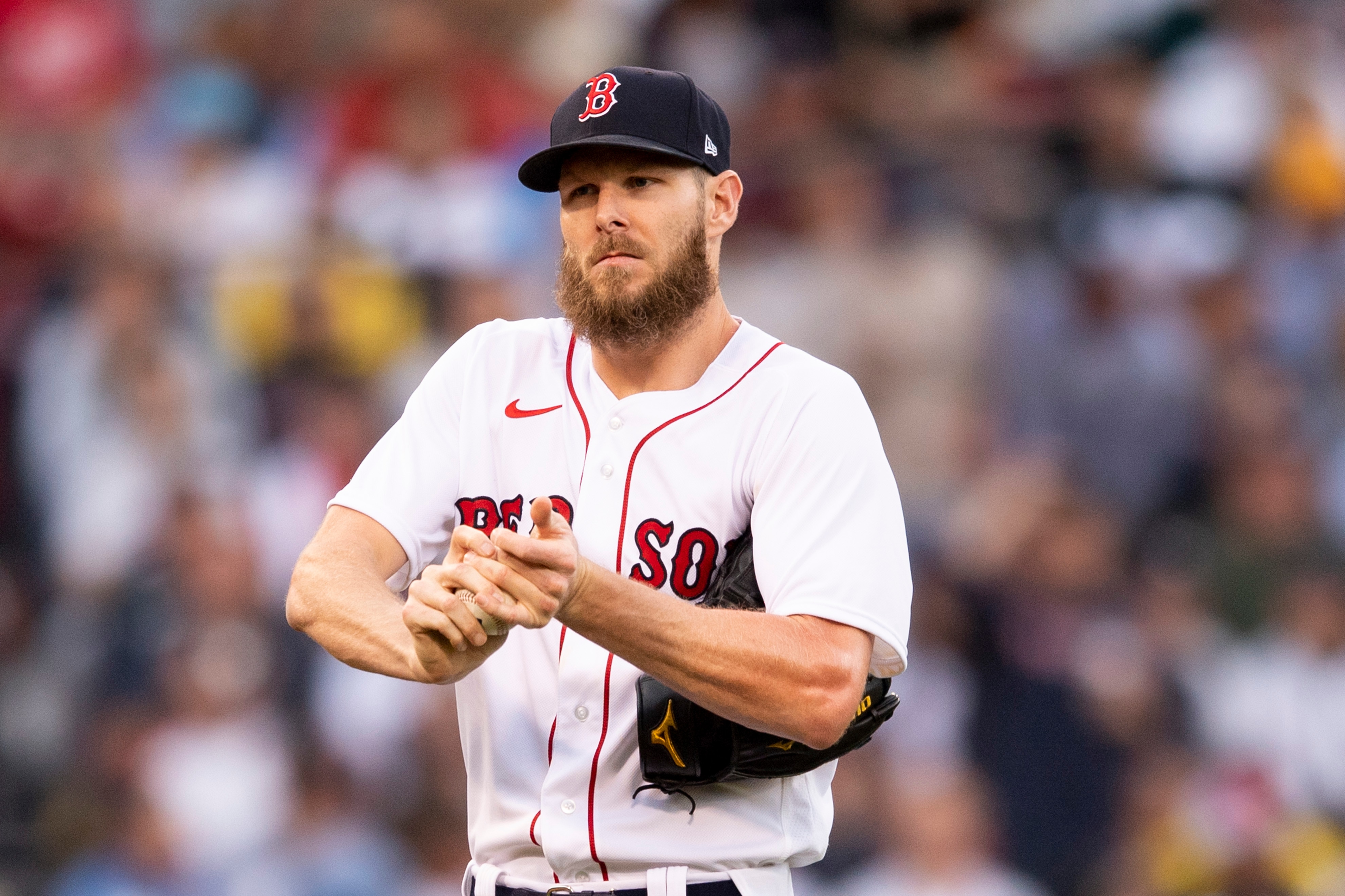 BOSTON, MA - OCTOBER 20: Chris Sale #41 of the Boston Red Sox reacts during the second inning of game five of the 2021 American League Championship Series against the Houston Astros at Fenway Park on October 20, 2021 in Boston, Massachusetts. (Photo by Billie Weiss/Boston Red Sox/Getty Images)