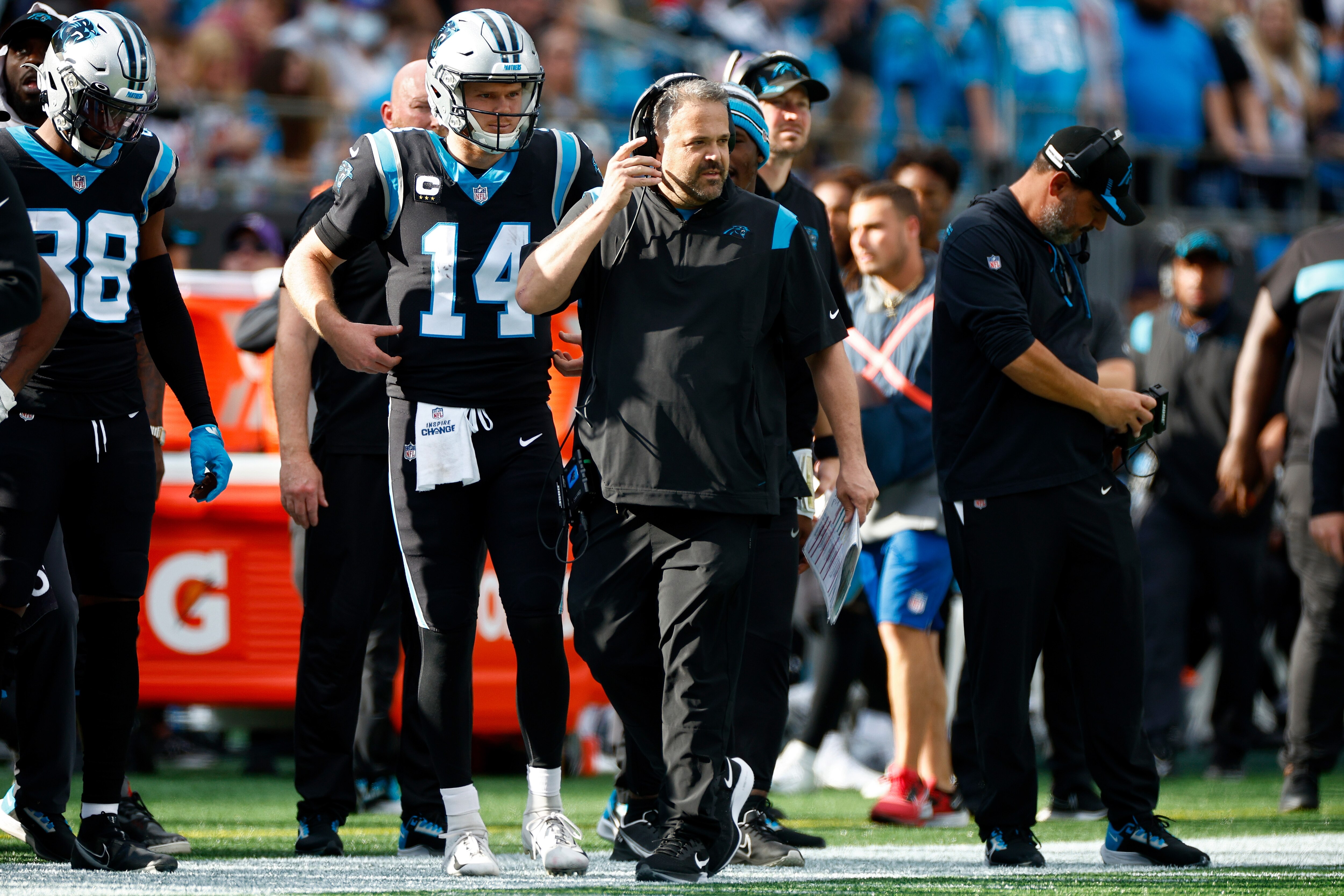 CHARLOTTE, NORTH CAROLINA - DECEMBER 26: Head coach Matt Rhule of the Carolina Panthers walks the sidelines during the second quarter in the game against the Tampa Bay Buccaneers at Bank of America Stadium on December 26, 2021 in Charlotte, North Carolina. (Photo by Jared C. Tilton/Getty Images)