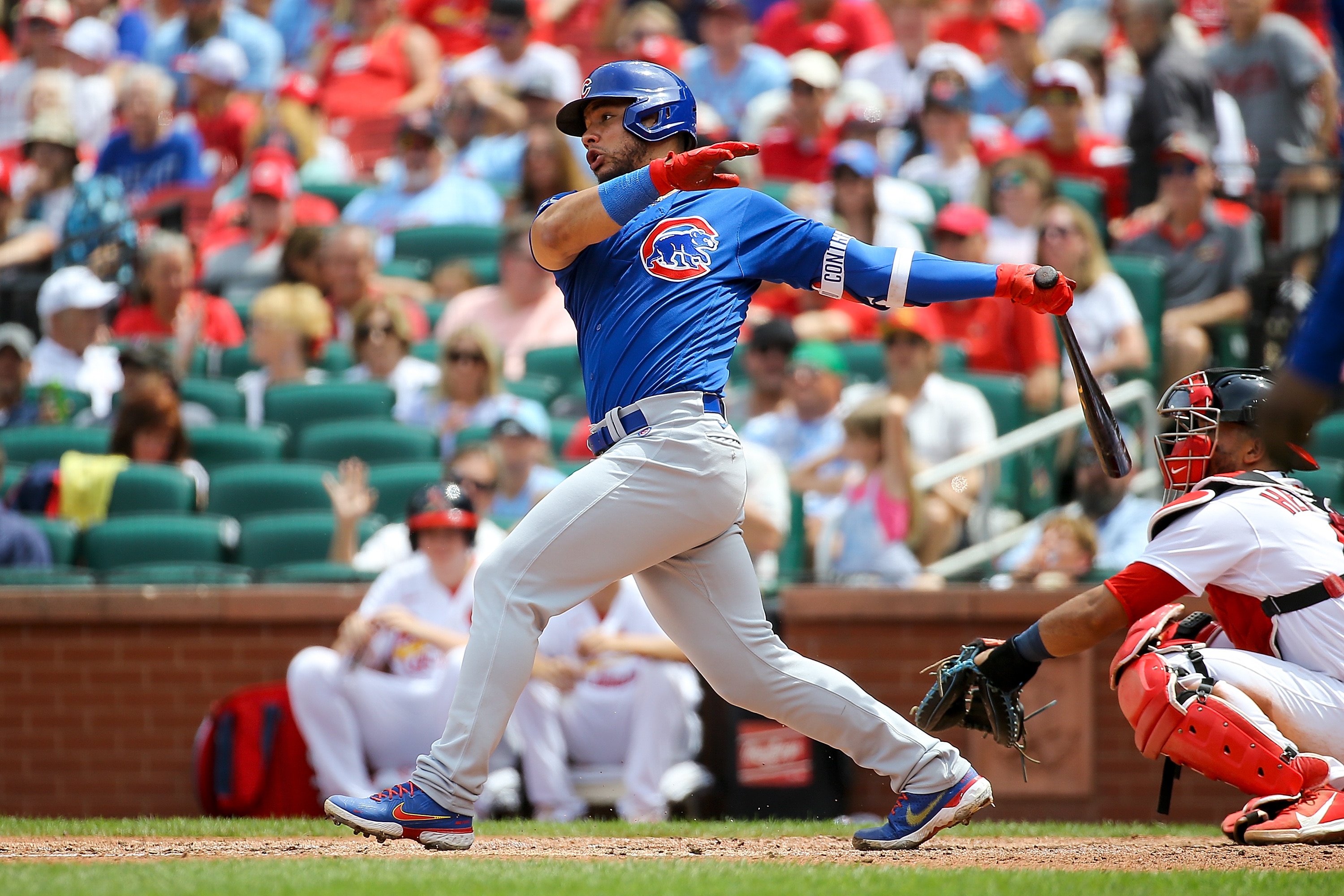 ST. LOUIS, MO - JUNE 26: Willson Contreras #40 of the Chicago Cubs hits a two RBI single during the fourth inning against the St. Louis Cardinals at Busch Stadium on June 26, 2022 in St. Louis, Missouri. (Photo by Scott Kane/Getty Images)