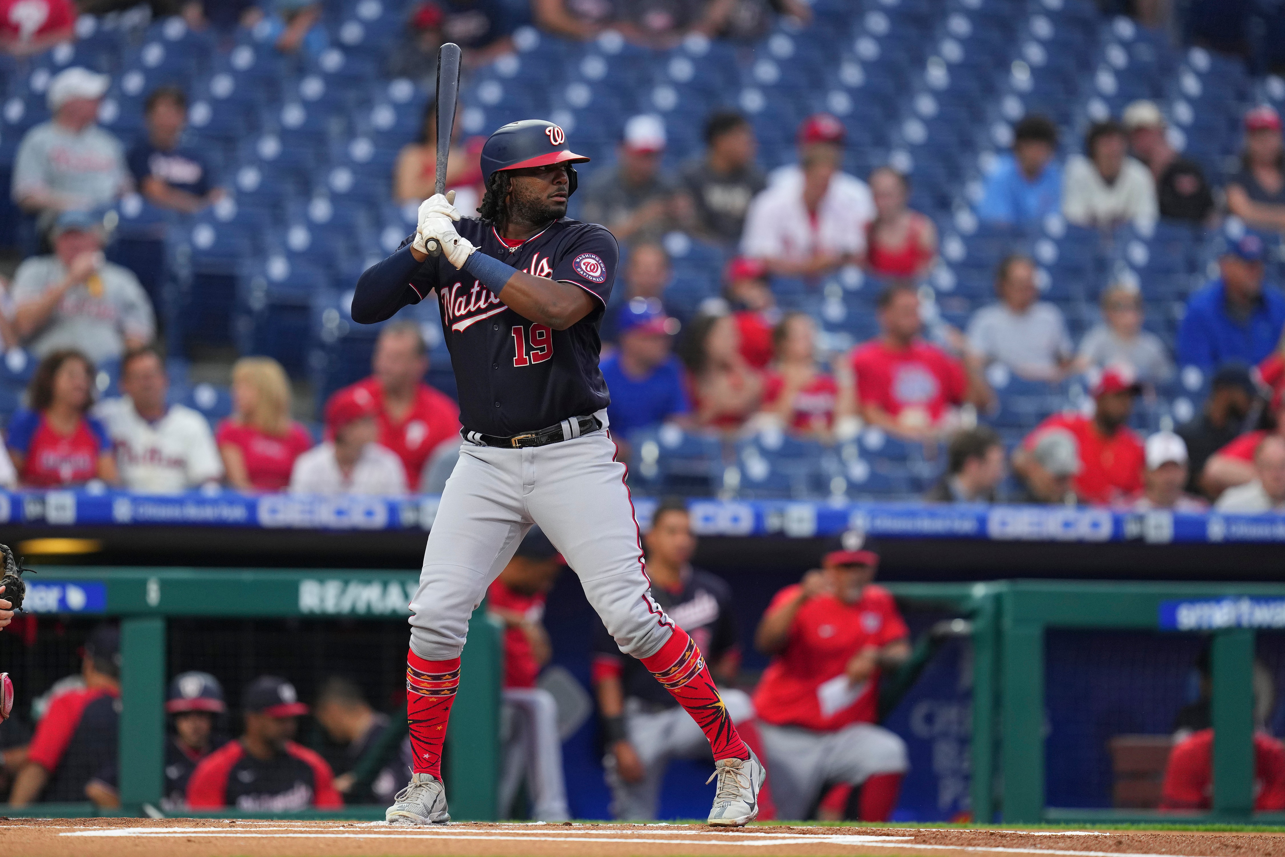 PHILADELPHIA, PA - JULY 05: Josh Bell #19 of the Washington Nationals bats against the Philadelphia Phillies at Citizens Bank Park on July 5, 2022 in Philadelphia, Pennsylvania. (Photo by Mitchell Leff/Getty Images)