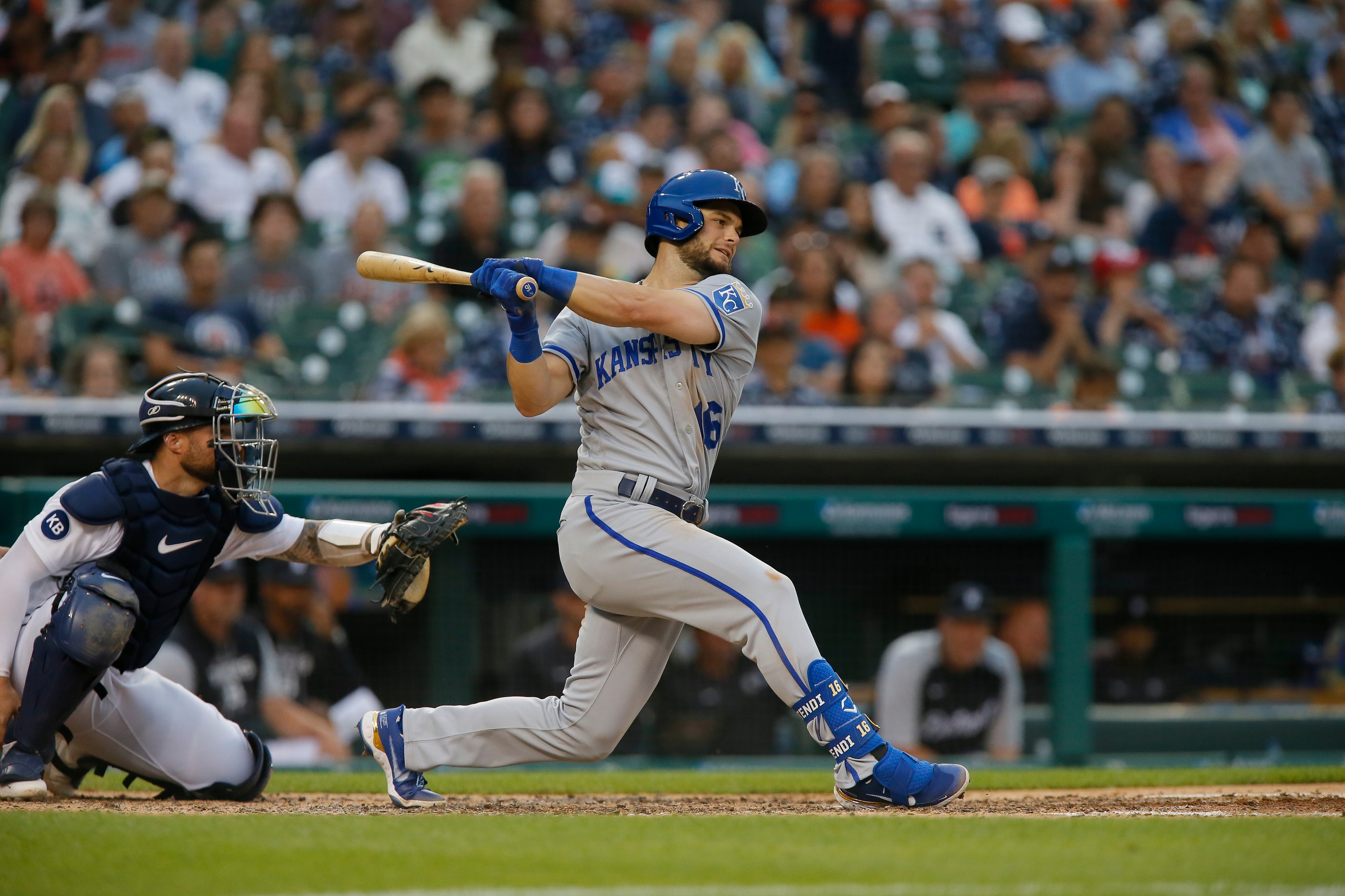 DETROIT, MI -  JULY 1:  Andrew Benintendi #16 of the Kansas City Royals bats with catcher Tucker Barnhart #15 of the Detroit Tigers behind the plate at Comerica Park on July 1, 2022, in Detroit, Michigan. (Photo by Duane Burleson/Getty Images)