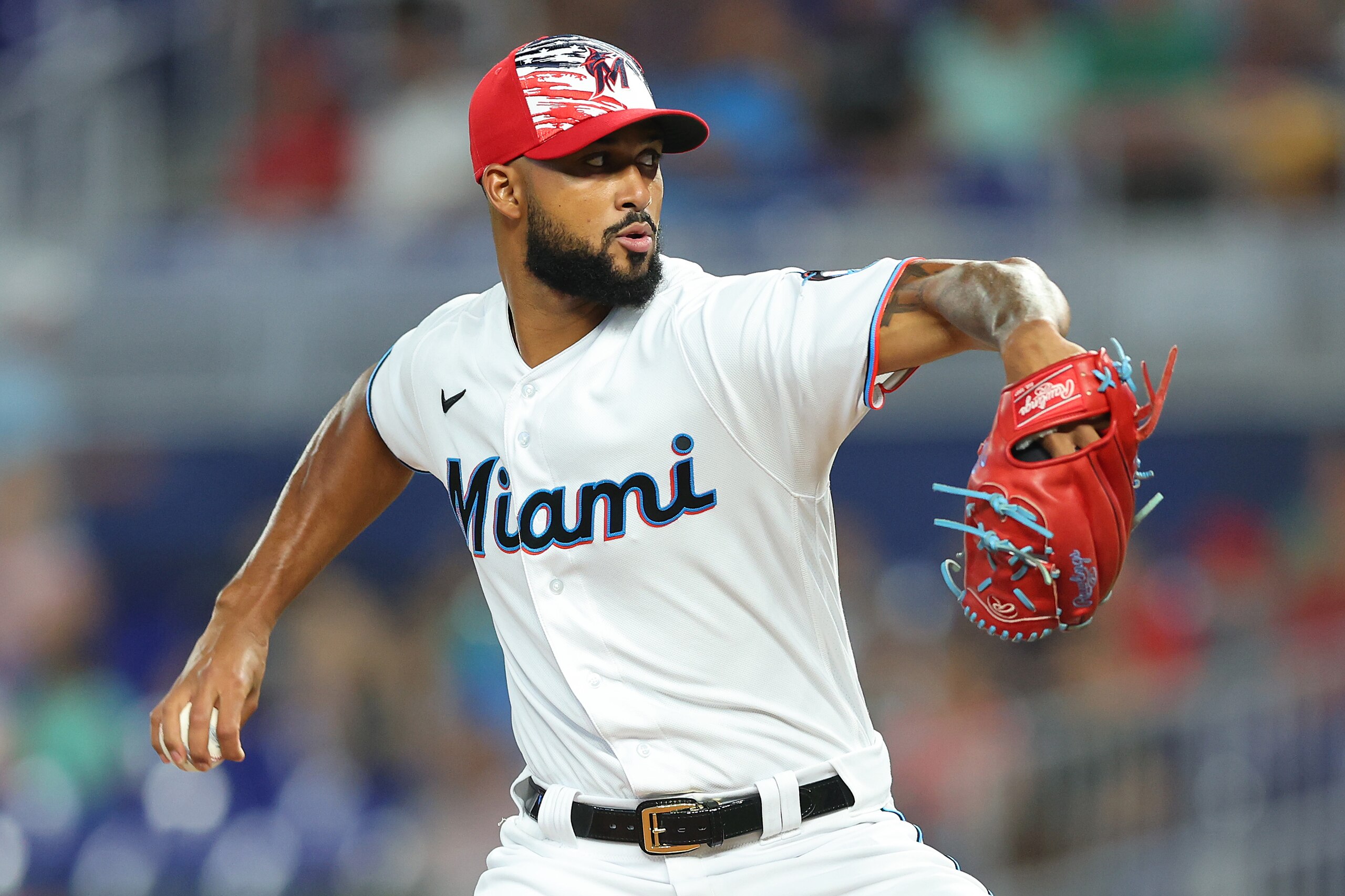 MIAMI, FLORIDA - JULY 05: Sandy Alcantara #22 of the Miami Marlins delivers a pitch against the Los Angeles Angels at loanDepot park on July 05, 2022 in Miami, Florida. (Photo by Michael Reaves/Getty Images)