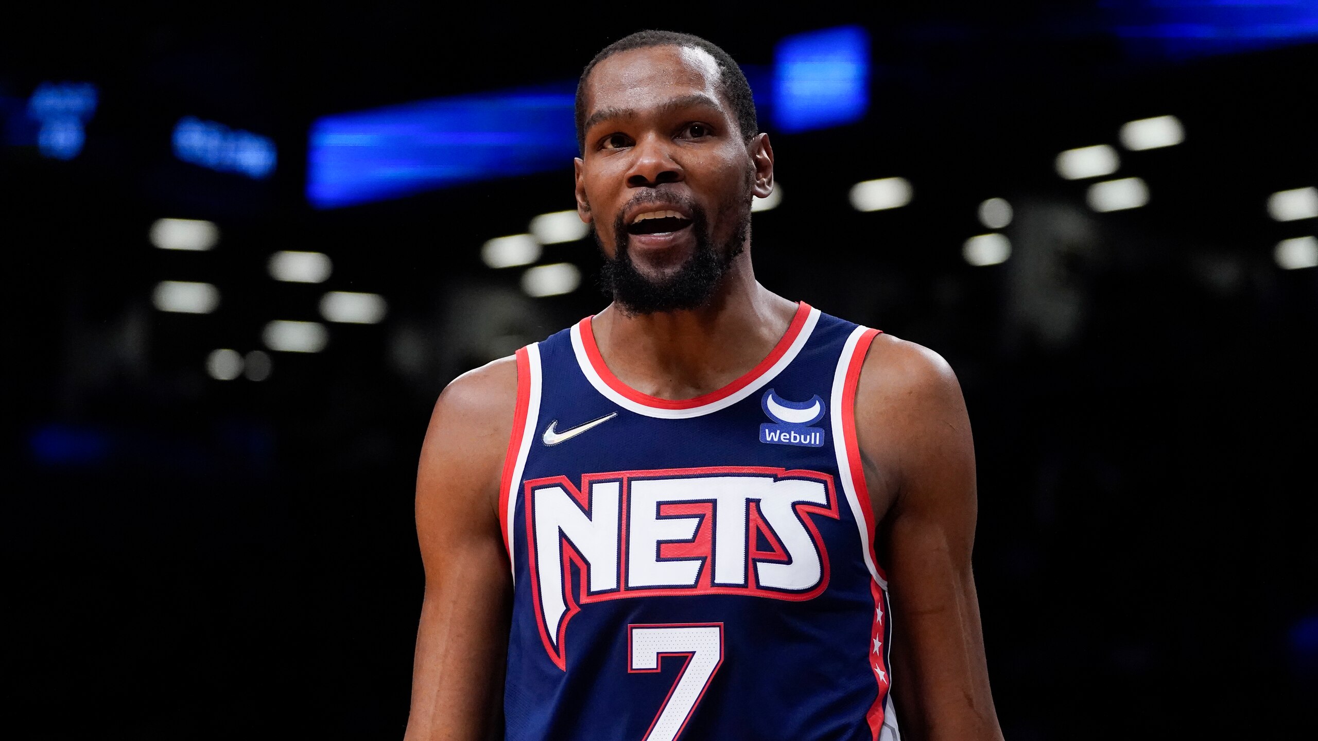 Brooklyn Nets forward Kevin Durant (7) walks up the court during the second half of Game 4 of an NBA basketball first-round playoff series against the Boston Celtics, Monday, April 25, 2022, in New York. (AP Photo/John Minchillo)
