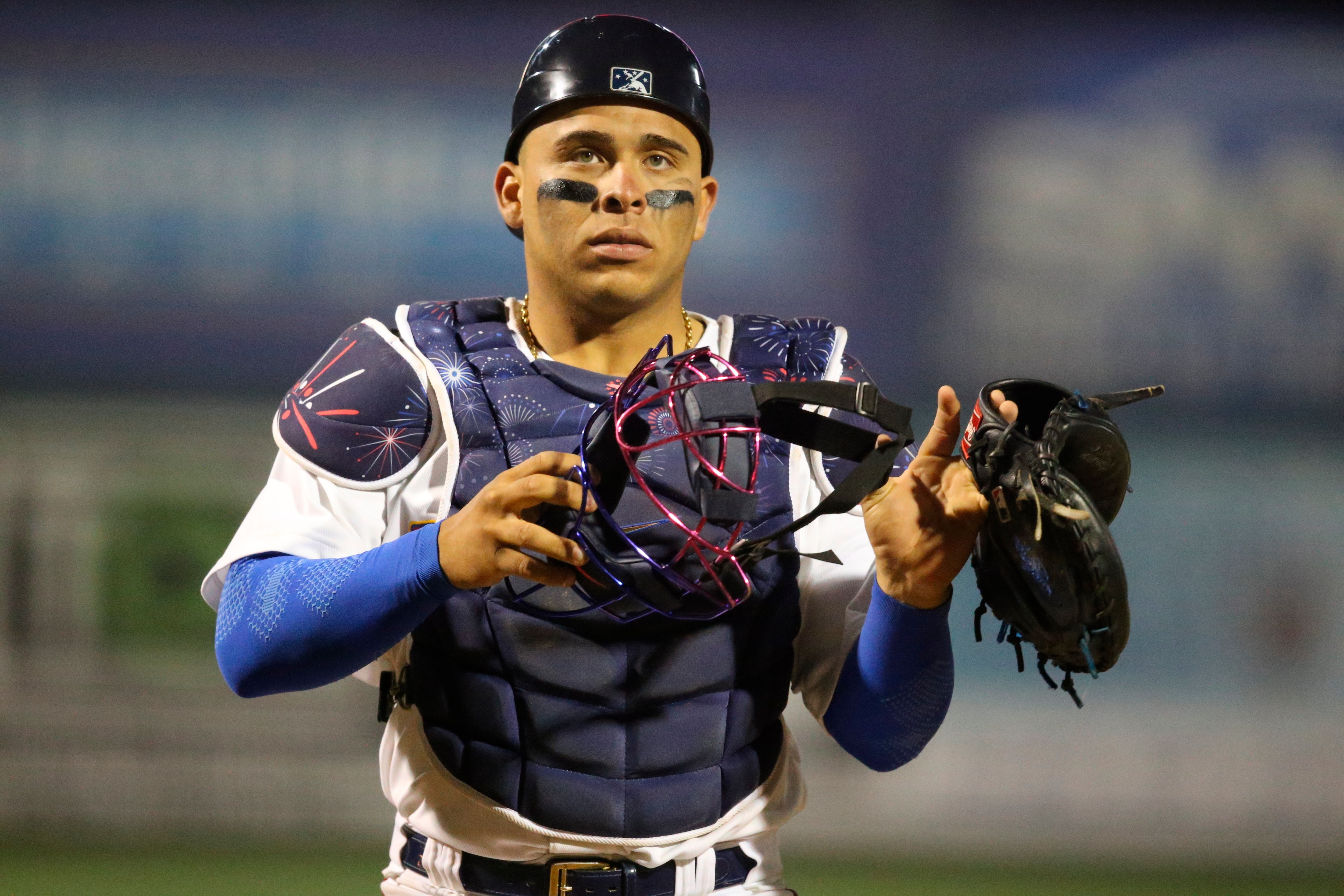 Brooklyn Cyclones catcher Francisco Alvarez during a minor league baseball game against the Aberdeen IronBirds, Tuesday, May 25, 2021 in New York. The IronBirds won 8-1. (AP Photo/Vera Nieuwenhuis)