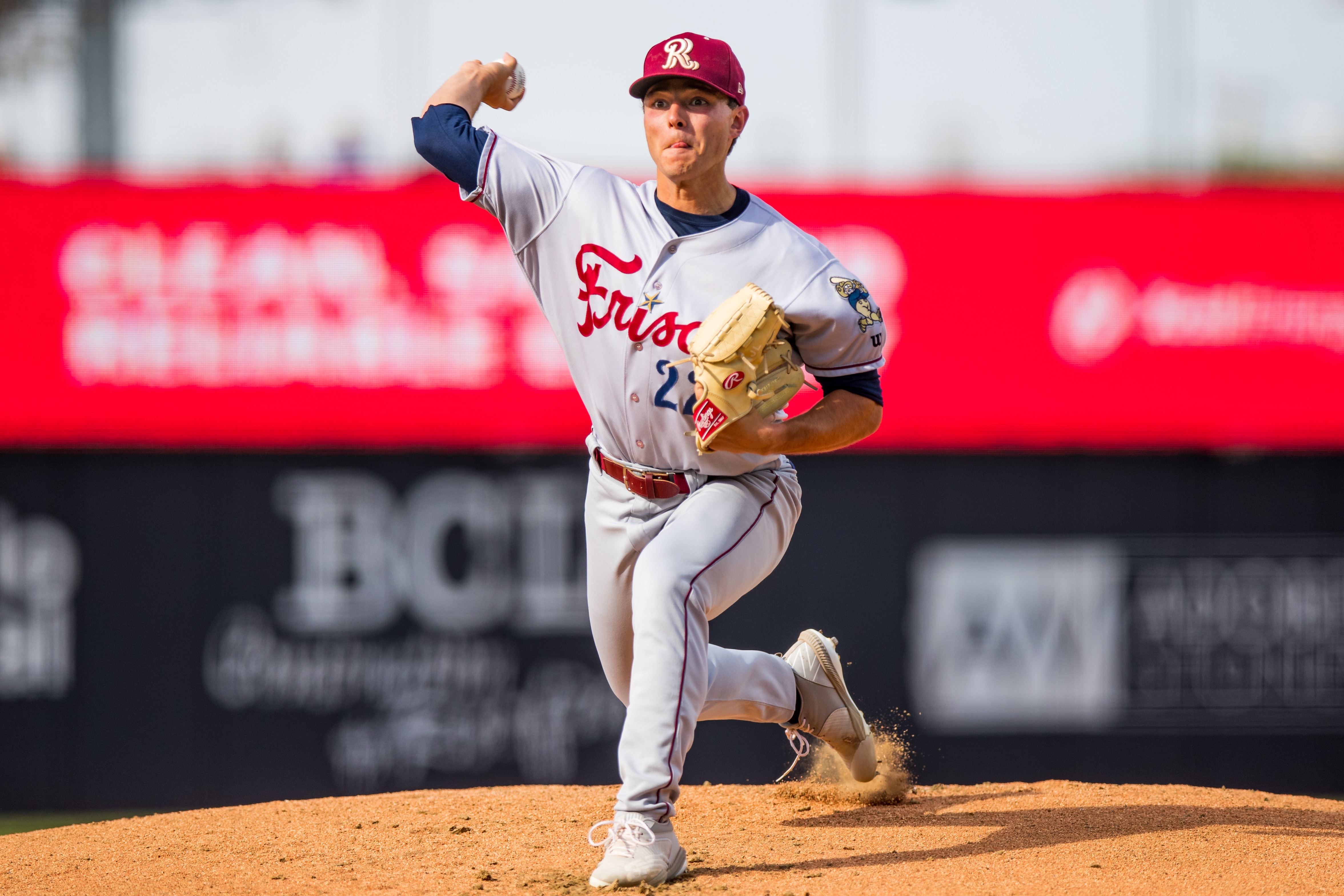 AMARILLO, TEXAS - JUNE 12: Pitcher Jack Leiter #22 of the Frisco RoughRiders pitches during the game against the Amarillo Sod Poodles at HODGETOWN Stadium on June 12, 2022 in Amarillo, Texas. (Photo by John E. Moore III/Getty Images)