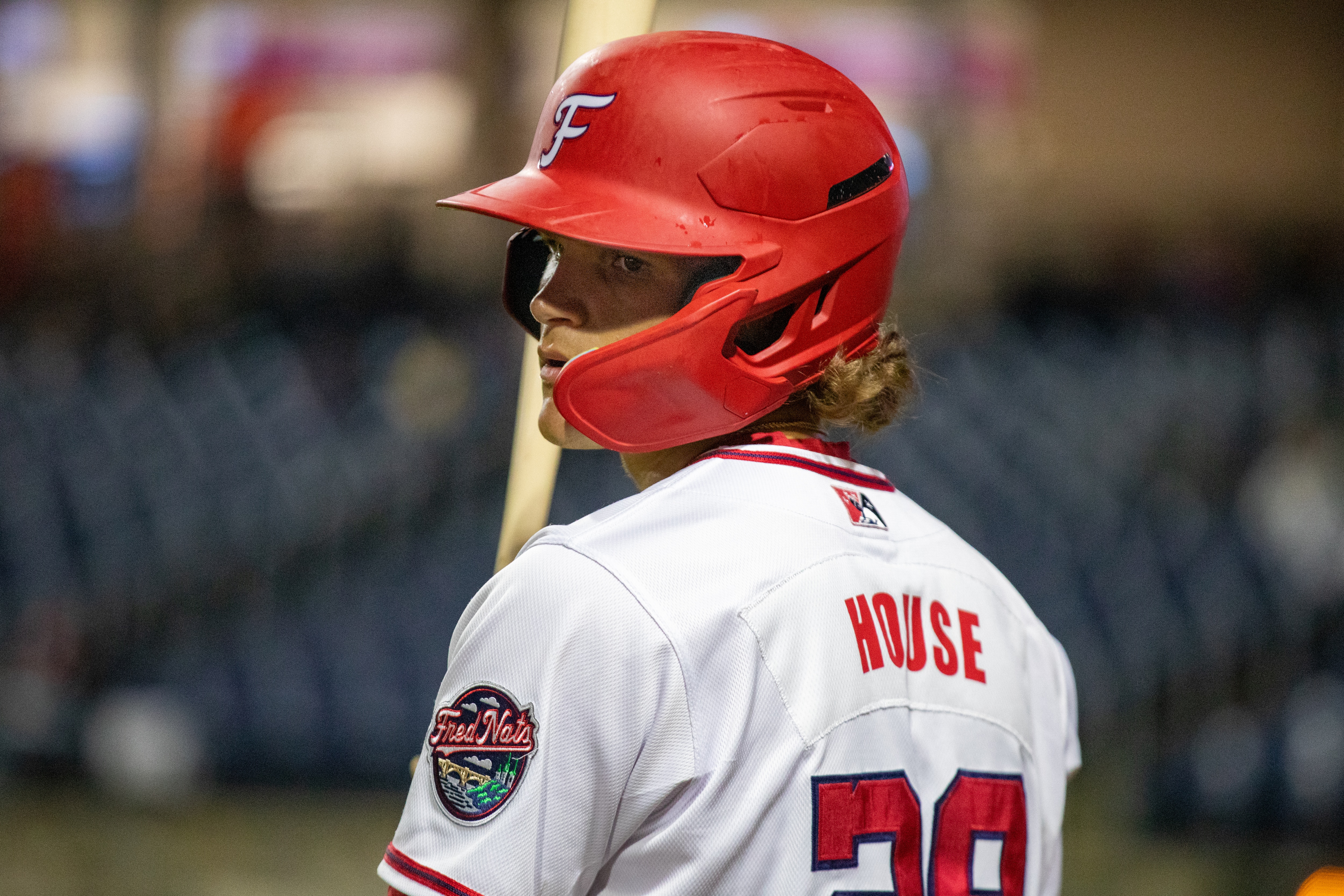 FREDERICKSBURG, VA - APRIL 26:  Brady House practices batting during a game between the Fredericksburg Nationals and the Charleston RiverDogs at   Virginia Credit Union Stadium in Fredericksburg, Virginia, on April 27, 2022. (Amanda Andrade-Rhoades/For The Washington Post via Getty Images)