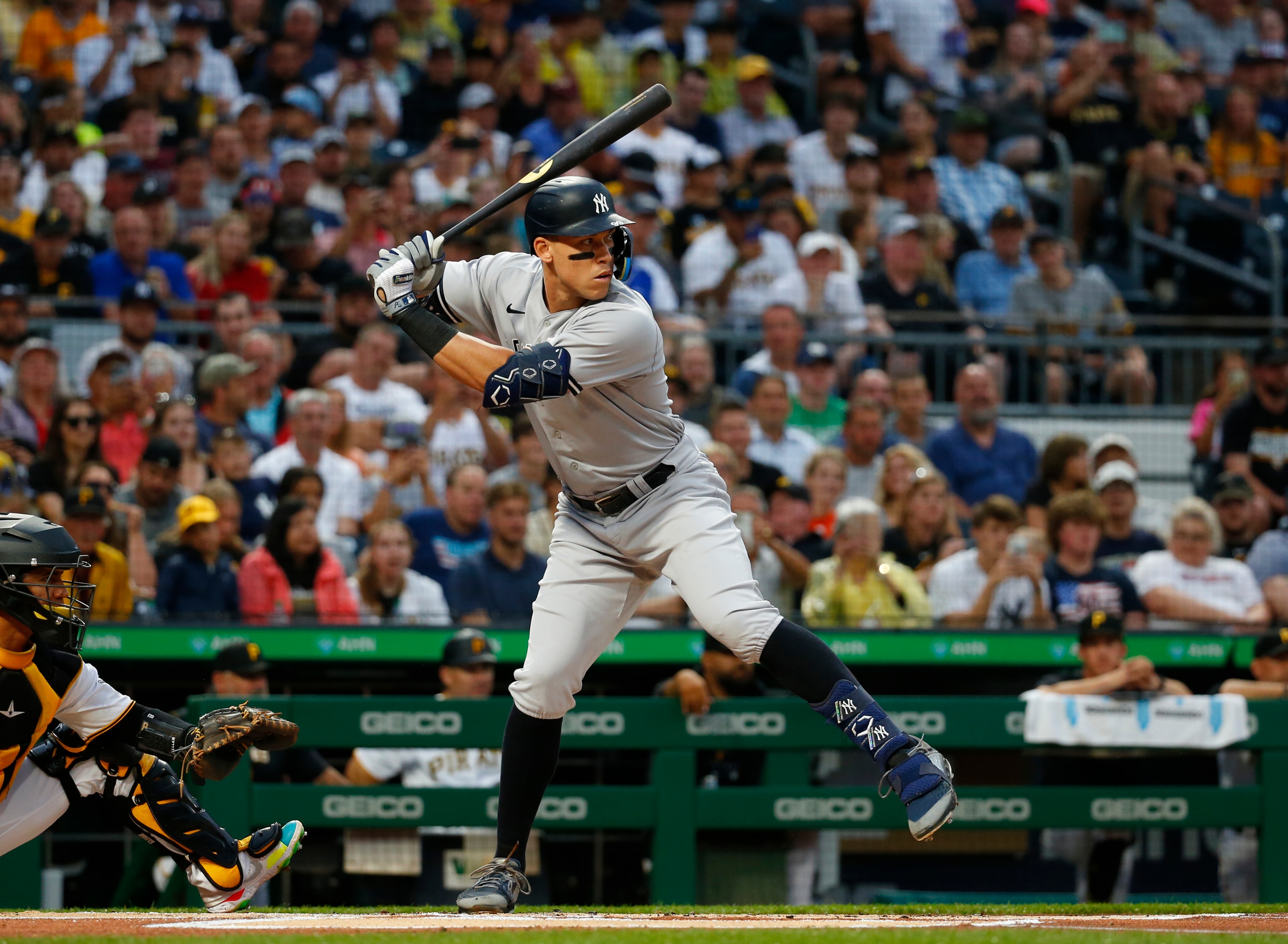 PITTSBURGH, PA - JULY 06:  Aaron Judge #99 of the New York Yankees is seen in action during inter-league play against the Pittsburgh Pirates at PNC Park on July 6, 2022 in Pittsburgh, Pennsylvania.  (Photo by Justin K. Aller/Getty Images)
