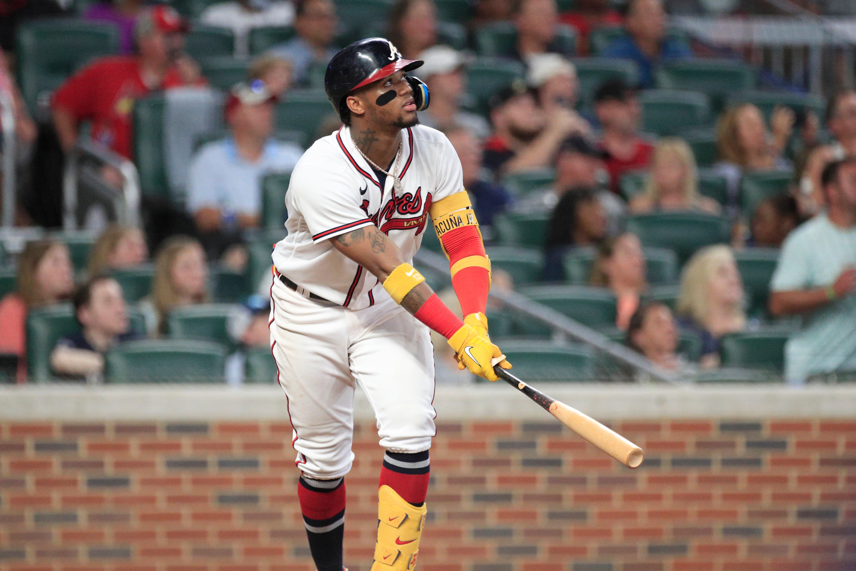ATLANTA, GA - JULY 06: Ronald Acuna Jr. (13) right fielder of the Atlanta Braves watches the baseball during the MLB game between the St.Louis Cardinals and the Atlanta Braves on July 6, 2022 at Truist Park in Atlanta, GA. (Photo by Jeff Robinson/Icon Sportswire via Getty Images)