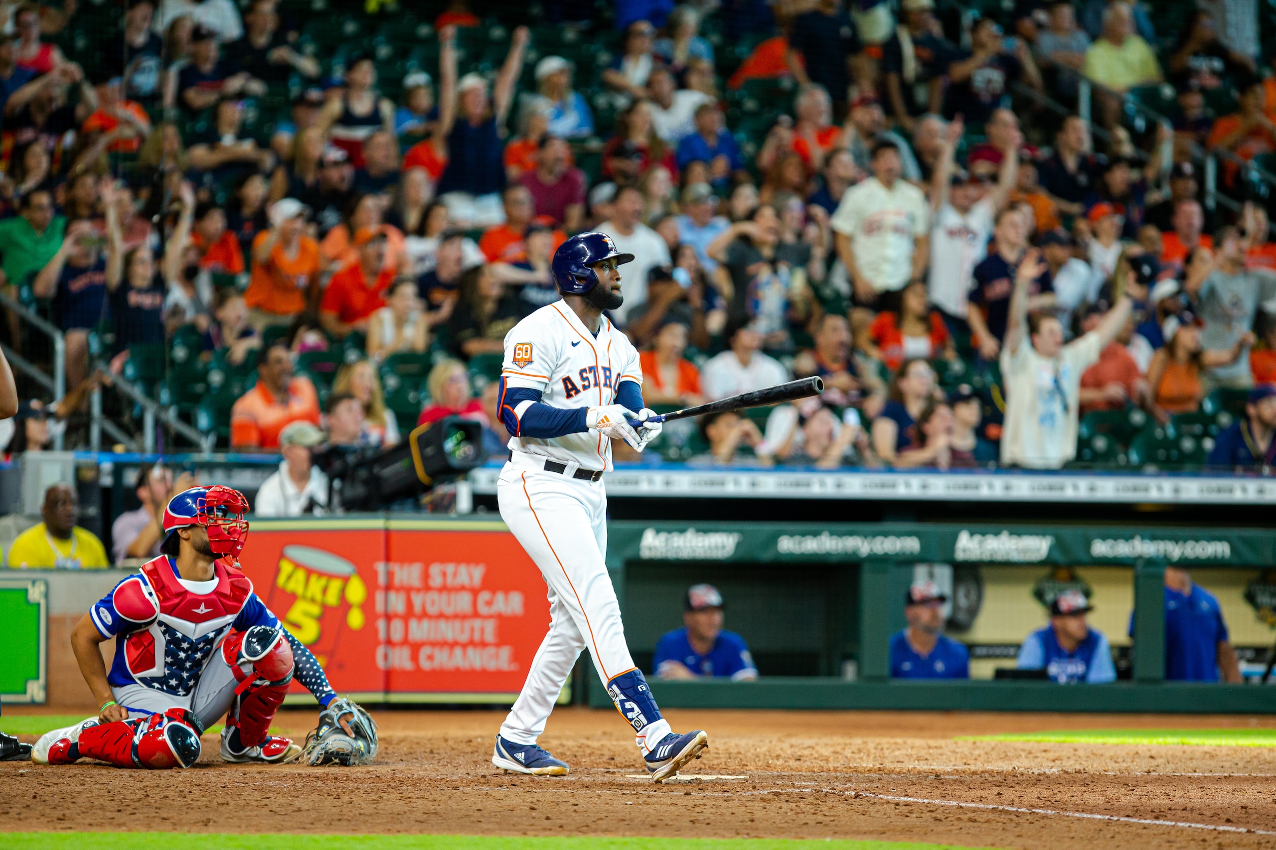 HOUSTON, TX - JULY 04: Houston Astros designated hitter Yordan Alvarez (44) looks on after hitting a game ending home-run in the ninth inning between the Houston Astros and the Kansas City Royals during a MLB baseball game at Minute Maid Park, Monday, July 4, 2022, in Houston, TX.  (Photo by Juan DeLeon/Icon Sportswire via Getty Images)