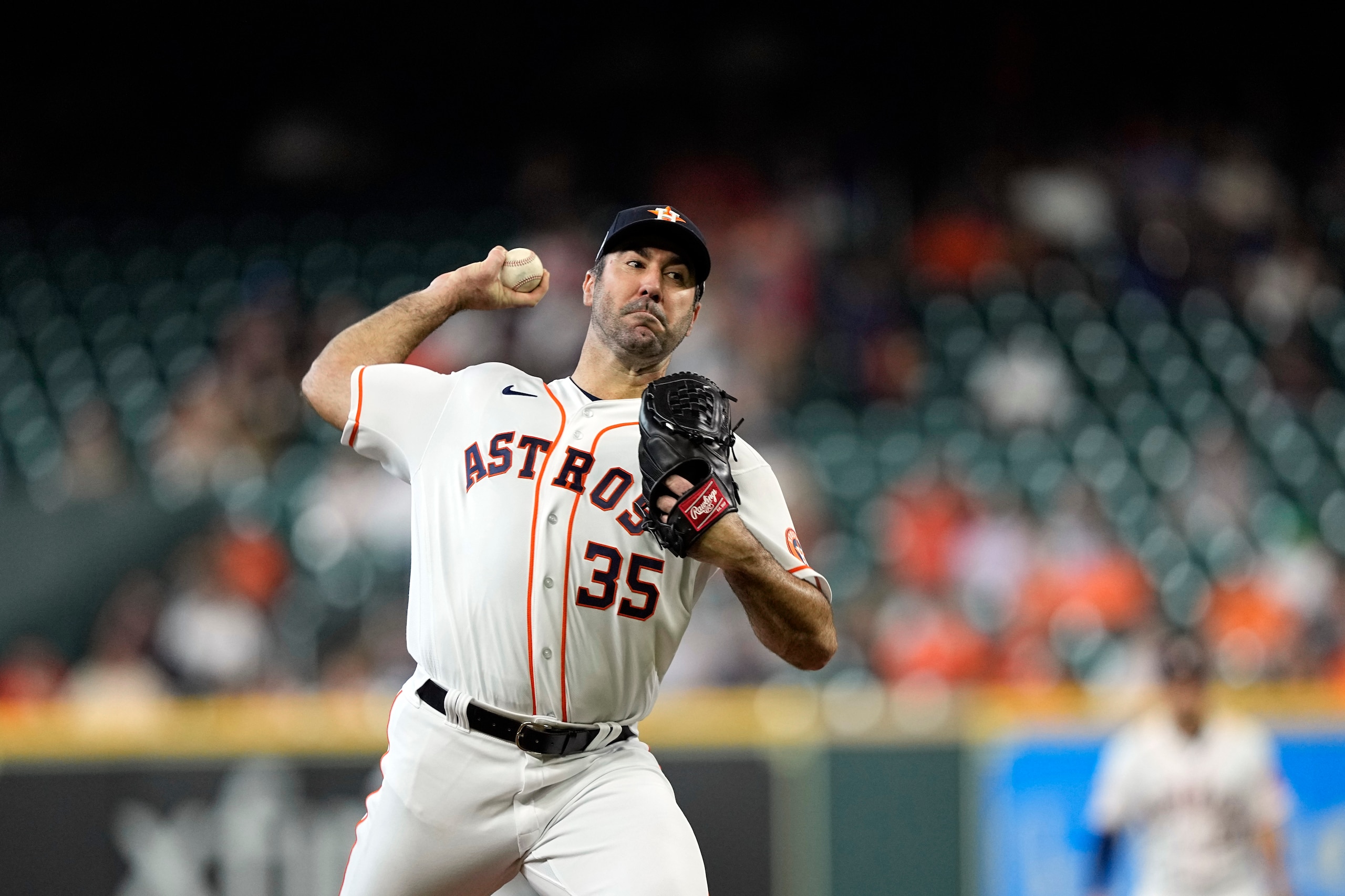 Houston Astros starting pitcher Justin Verlander throws during the first inning of a baseball game against the Seattle Mariners Wednesday, May 4, 2022, in Houston. (AP Photo/David J. Phillip)