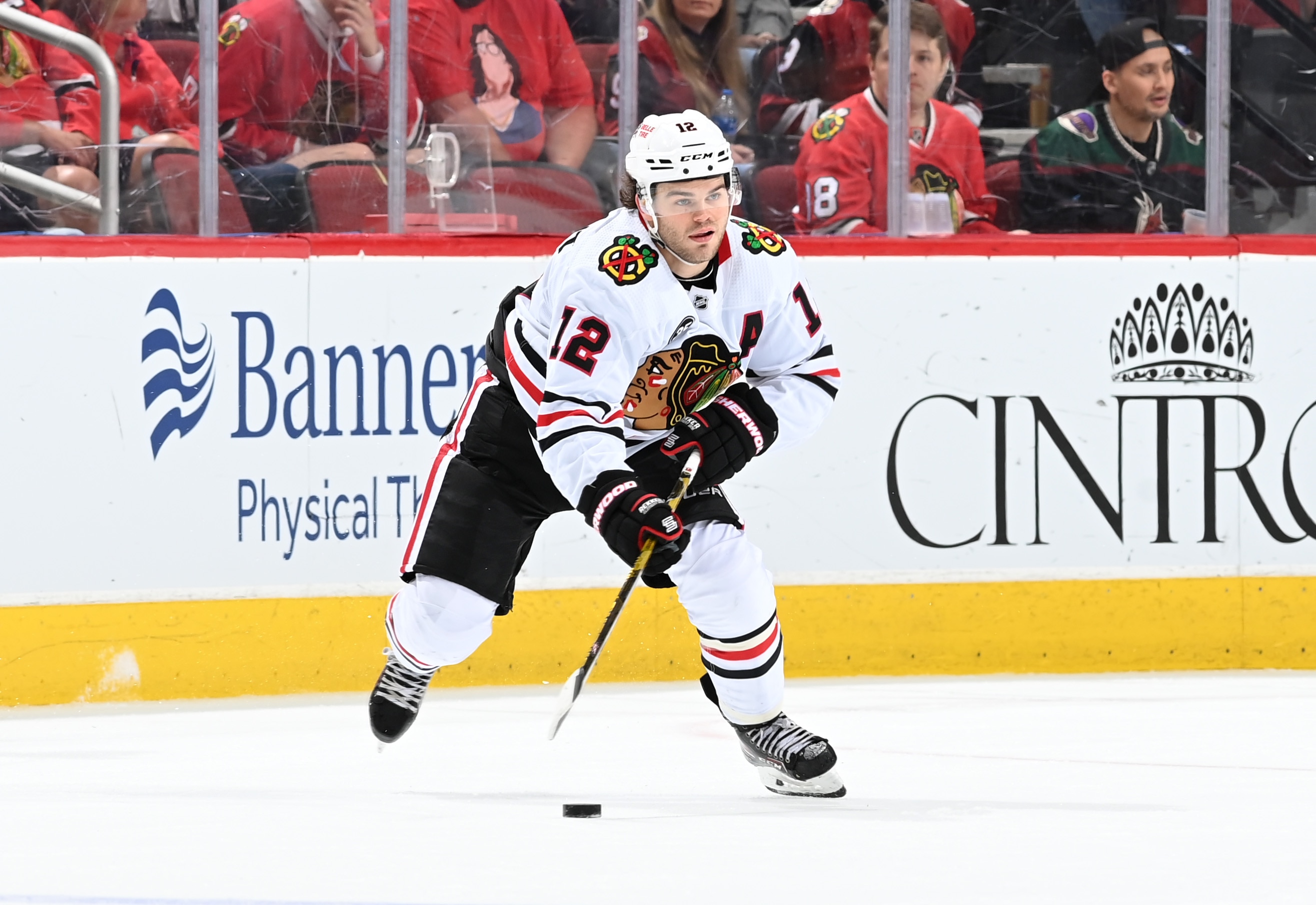 GLENDALE, ARIZONA - APRIL 20: Alex DeBrincat #12 of the Chicago Blackhawks skates with the puck against the Arizona Coyotes at Gila River Arena on April 20, 2022 in Glendale, Arizona. (Photo by Norm Hall/NHLI via Getty Images)
