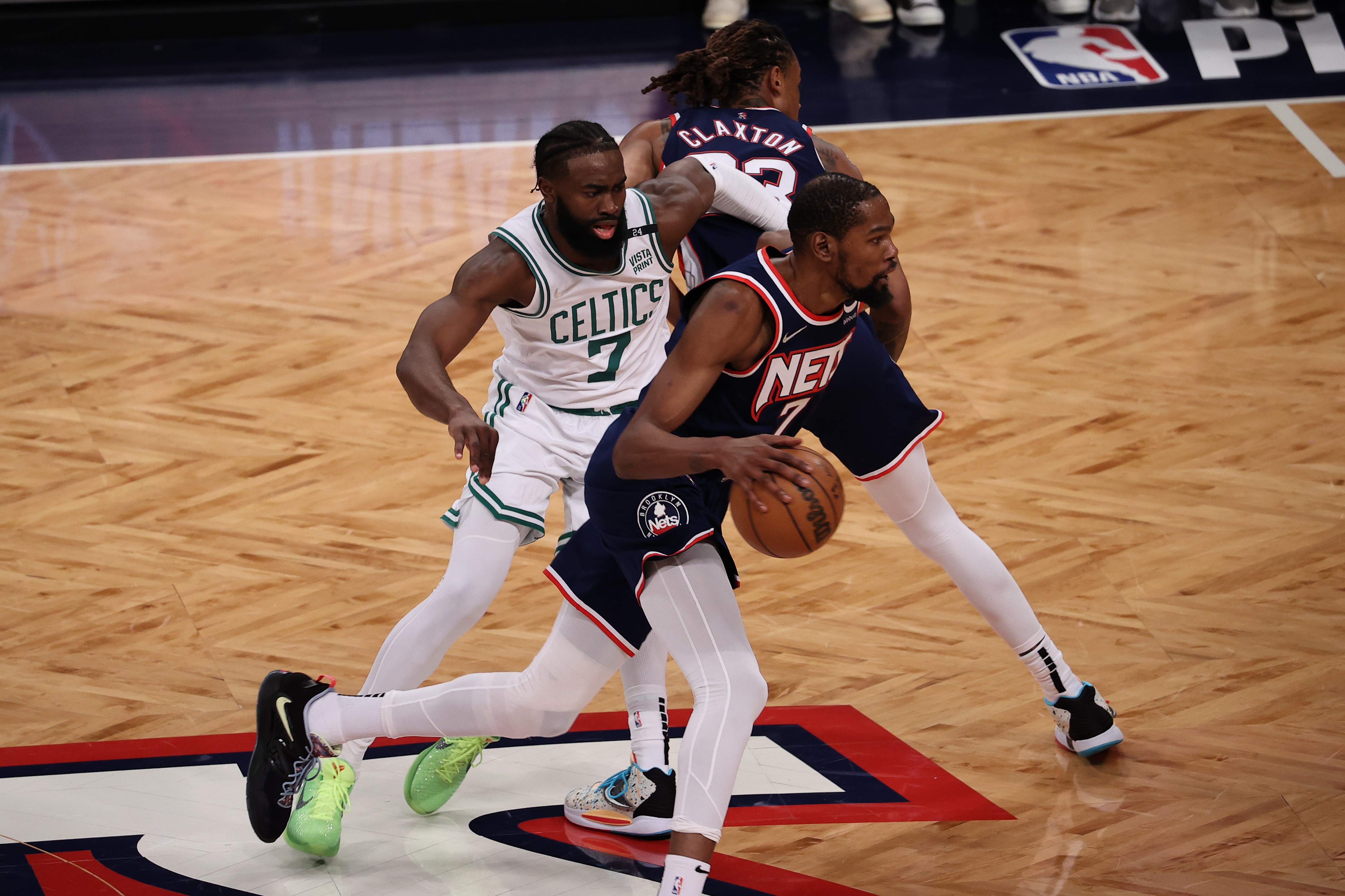NEW YORK, NY - APRIL 25: Kevin Durant of Brooklyn Nets and Jaylen Brown of Boston Celtics in action during NBA playoffs between Brooklyn Nets and Boston Celtics at the Barclays Center in Brooklyn of New York City, United States on April 25, 2022. (Photo by Tayfun Coskun/Anadolu Agency via Getty Images)