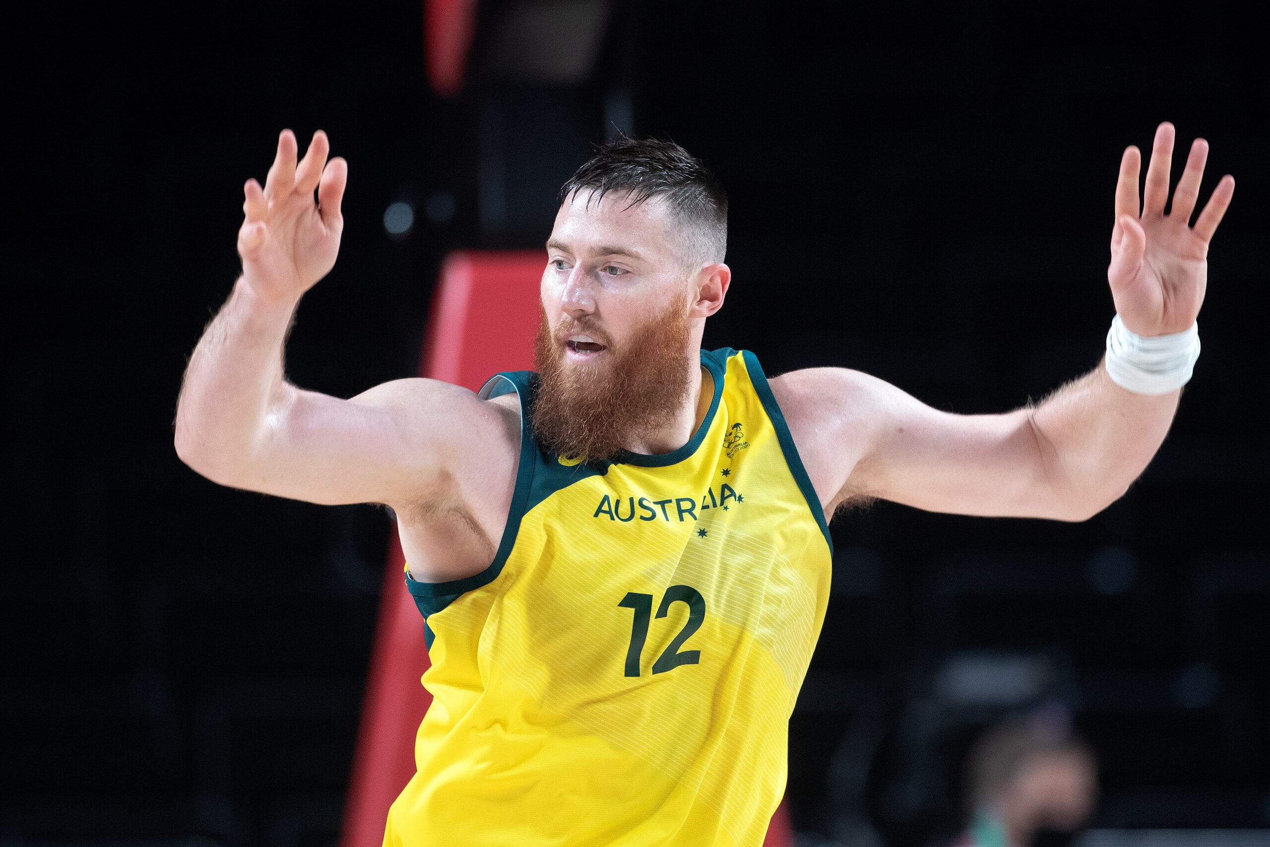 TOKYO, JAPAN - JULY 25:  Aron Baynes #12 of  Australia during the Australia V Nigeria basketball preliminary round match at the Saitama Super Arena at the Tokyo 2020 Summer Olympic Games on July 25, 2021 in Tokyo, Japan. (Photo by Tim Clayton/Corbis via Getty Images)