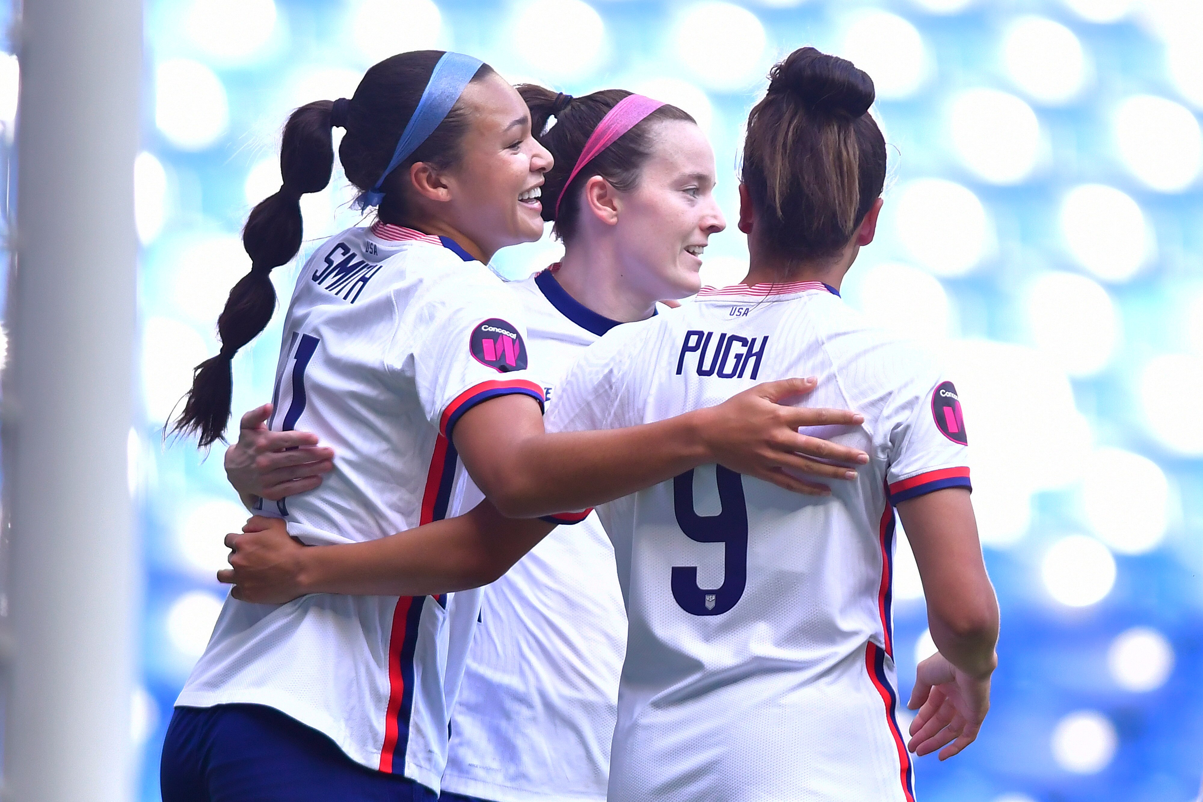 MONTERREY, MEXICO - JULY 07: Sophia Smith of United States celebrates with teammates after scoring his team's first goal during the match between Jamaica and United States as part of the 2022 Concacaf W Championship at BBVA Stadium on July 7, 2022 in Monterrey, Mexico. (Photo by Jaime Lopez/Jam Media/Getty Images)