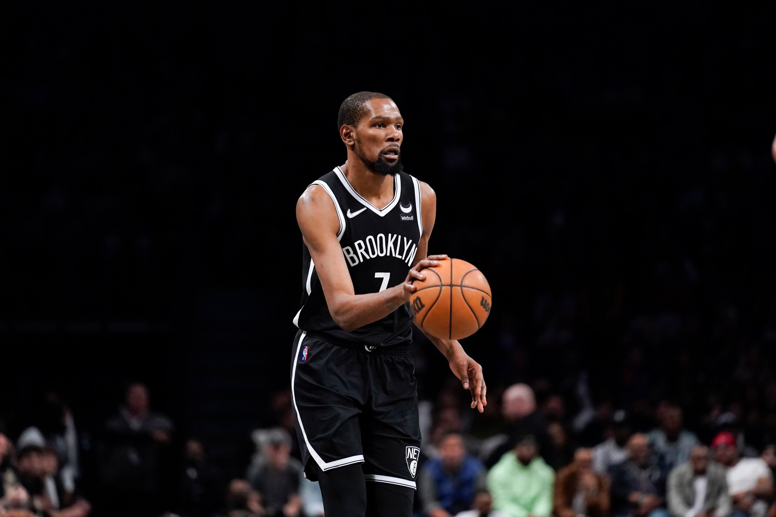 Brooklyn Nets' Kevin Durant during the second half of the opening basketball game of the NBA play-in tournament against the Cleveland Cavaliers, Tuesday, April 12, 2022, in New York. The Nets defeated the Cavaliers 115-108. (AP Photo/Seth Wenig)