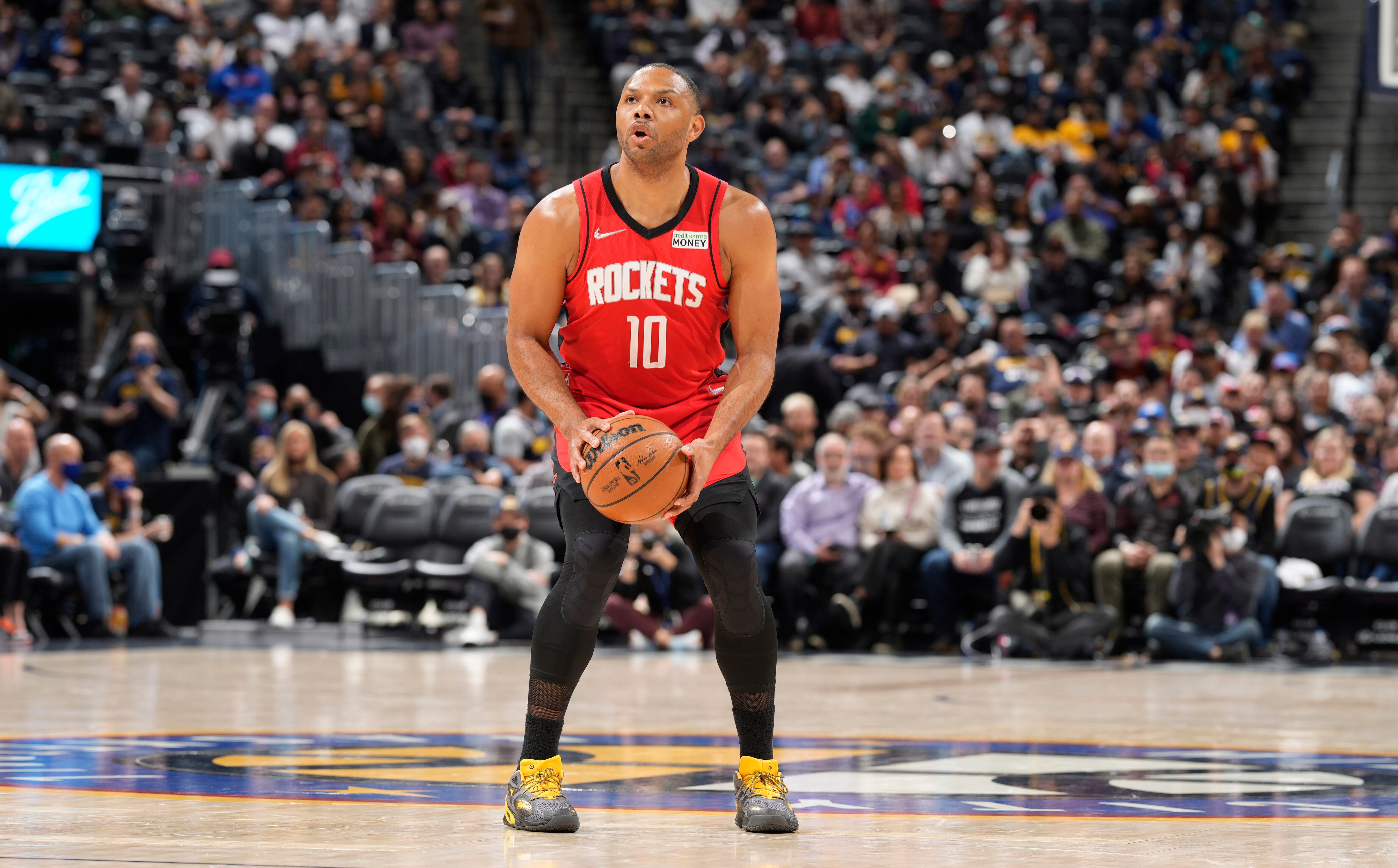 Houston Rockets guard Eric Gordon (10) in the first half of an NBA basketball game Friday, March 4, 2022, in Denver. (AP Photo/David Zalubowski)