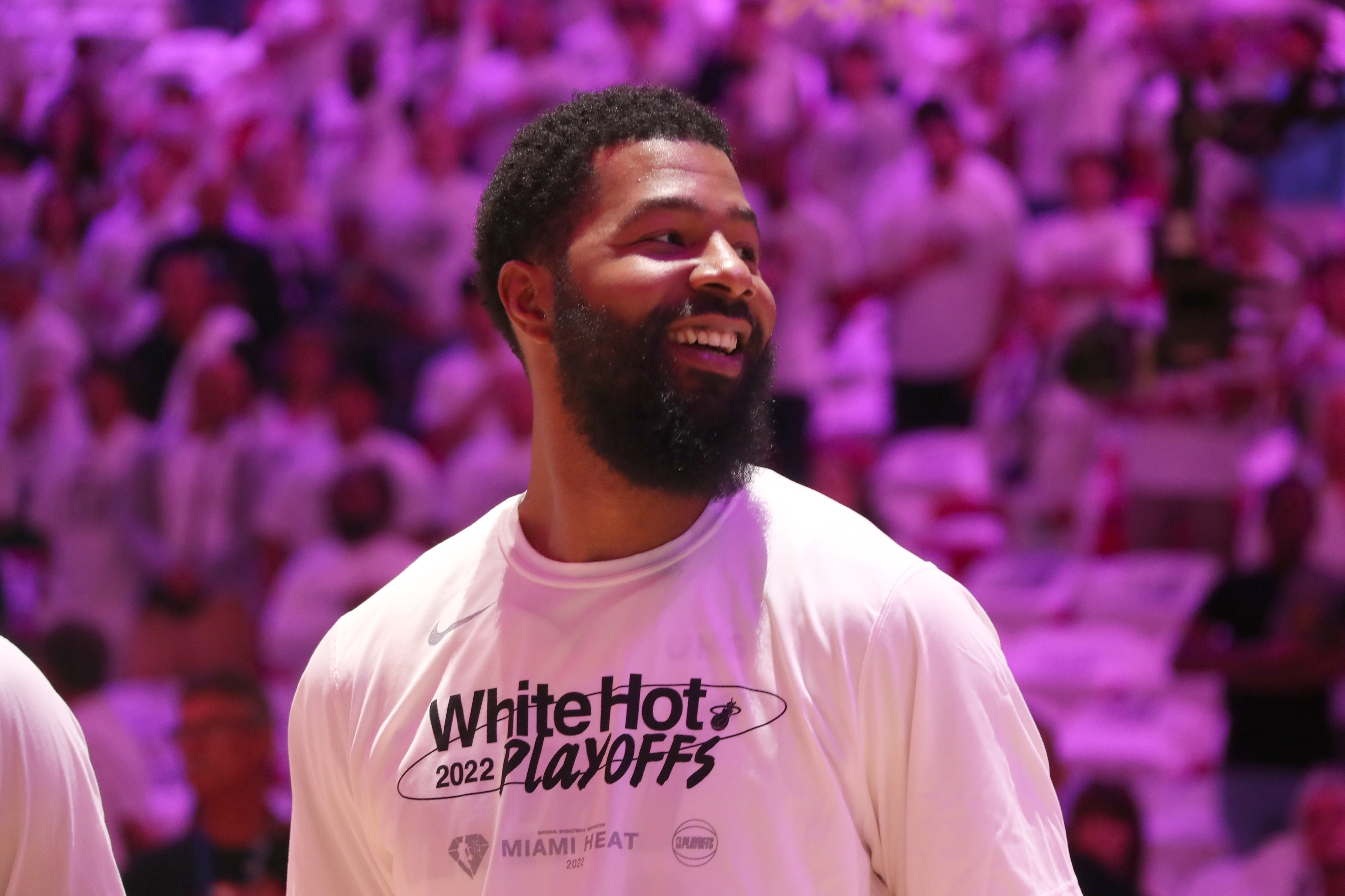 MIAMI, FL - APRIL 19: Markieff Morris #8 of the Miami Heat smiles before the game against the Atlanta Hawks during Round 1 Game 2 of the 2022 NBA Playoffs on April 19, 2022 at FTX Arena in Miami, Florida. NOTE TO USER: User expressly acknowledges and agrees that, by downloading and or using this Photograph, user is consenting to the terms and conditions of the Getty Images License Agreement. Mandatory Copyright Notice: Copyright 2022 NBAE (Photo by Issac Baldizon/NBAE via Getty Images)