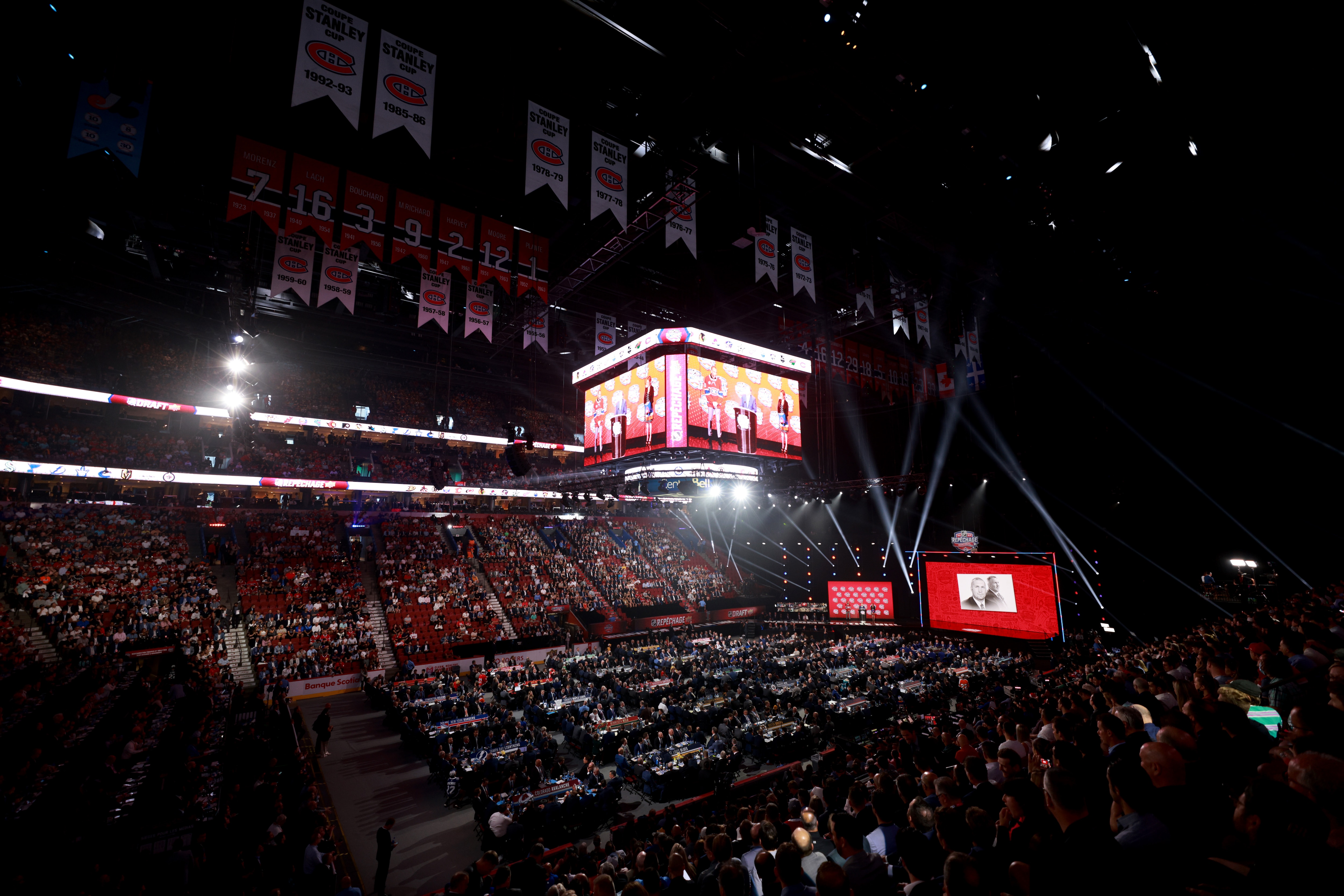 MONTREAL, QUEBEC - JULY 07: A general view of a tribute to Bryan Marchment of the San Jose Sharks during the first round of the 2022 Upper Deck NHL Draft at Bell Centre on July 07, 2022 in Montreal, Quebec. (Photo by Vitor Munhoz/NHLI via Getty Images)