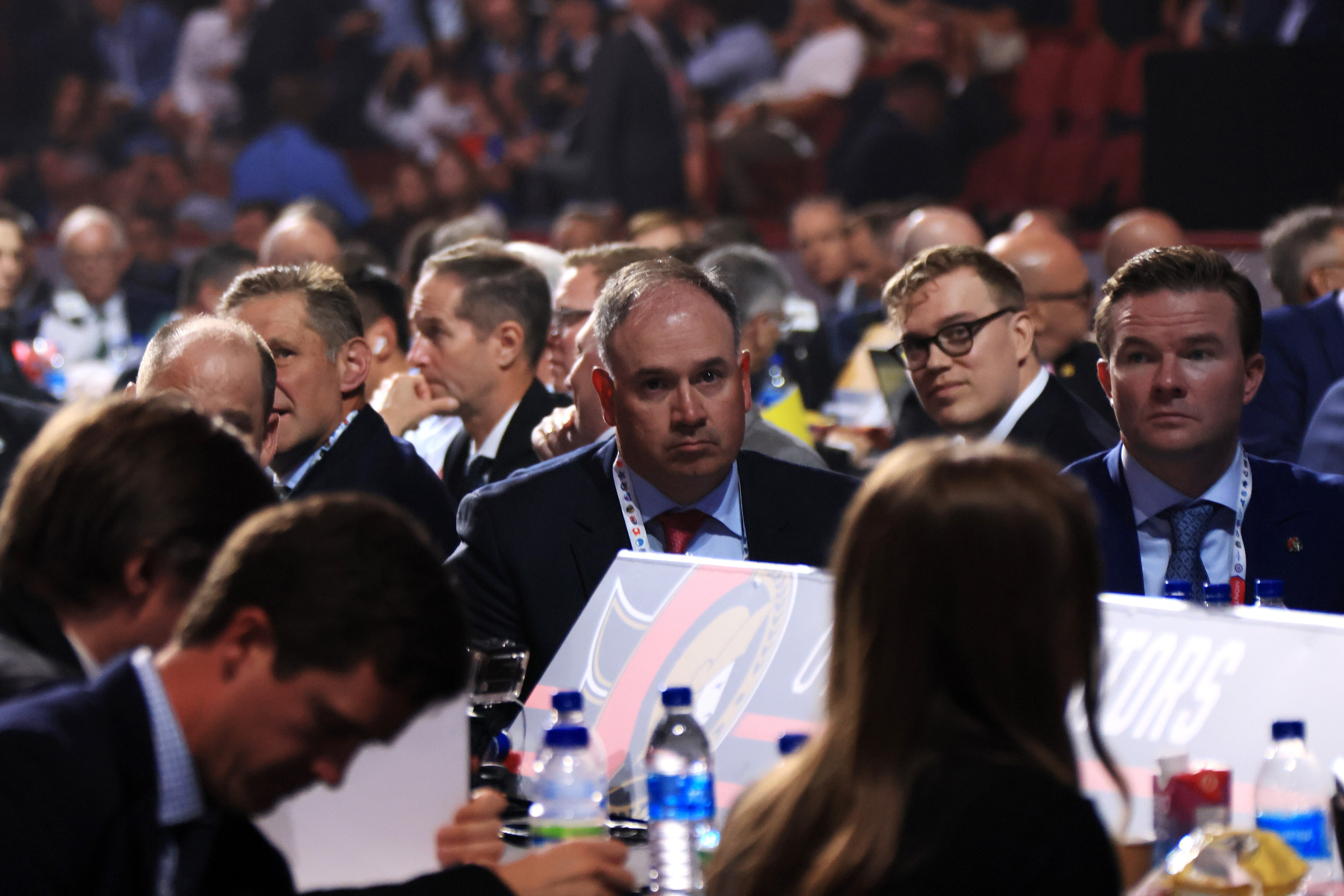 MONTREAL, QUEBEC - JULY 07: General Manager Pierre Dorion of the Ottawa Senators looks on during Round One of the 2022 Upper Deck NHL Draft at Bell Centre on July 07, 2022 in Montreal, Quebec, Canada. (Photo by Bruce Bennett/Getty Images)
