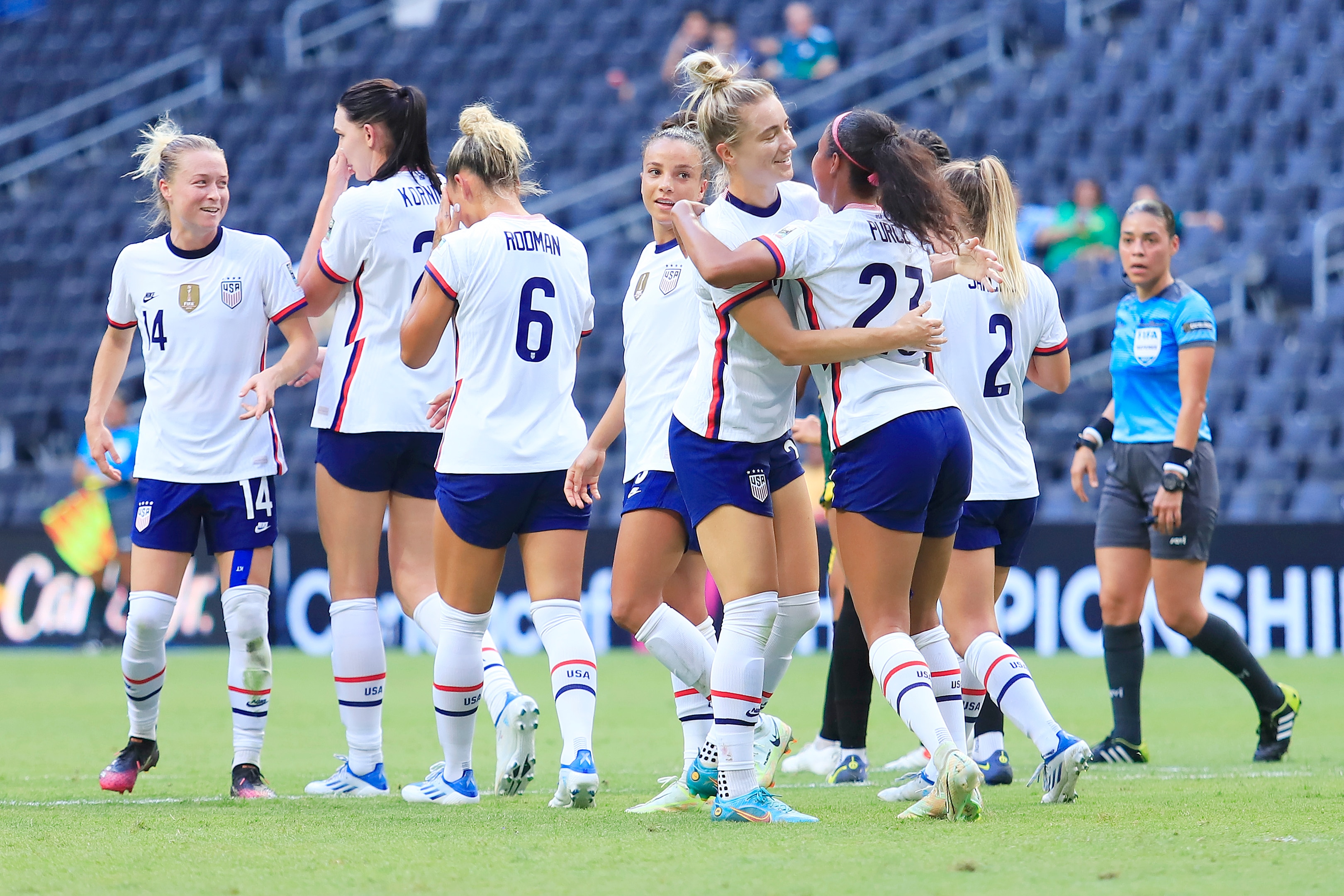 MONTERREY, MEXICO - JULY 07: Kristie Mewis of United States celebrates with teammates after scoring her team's fourth goal during the match between Jamaica and United States as part of the 2022 Concacaf W Championship at BBVA Stadium on July 7, 2022 in Monterrey, Mexico. (Photo by Alfredo Lopez/Jam Media/Getty Images)