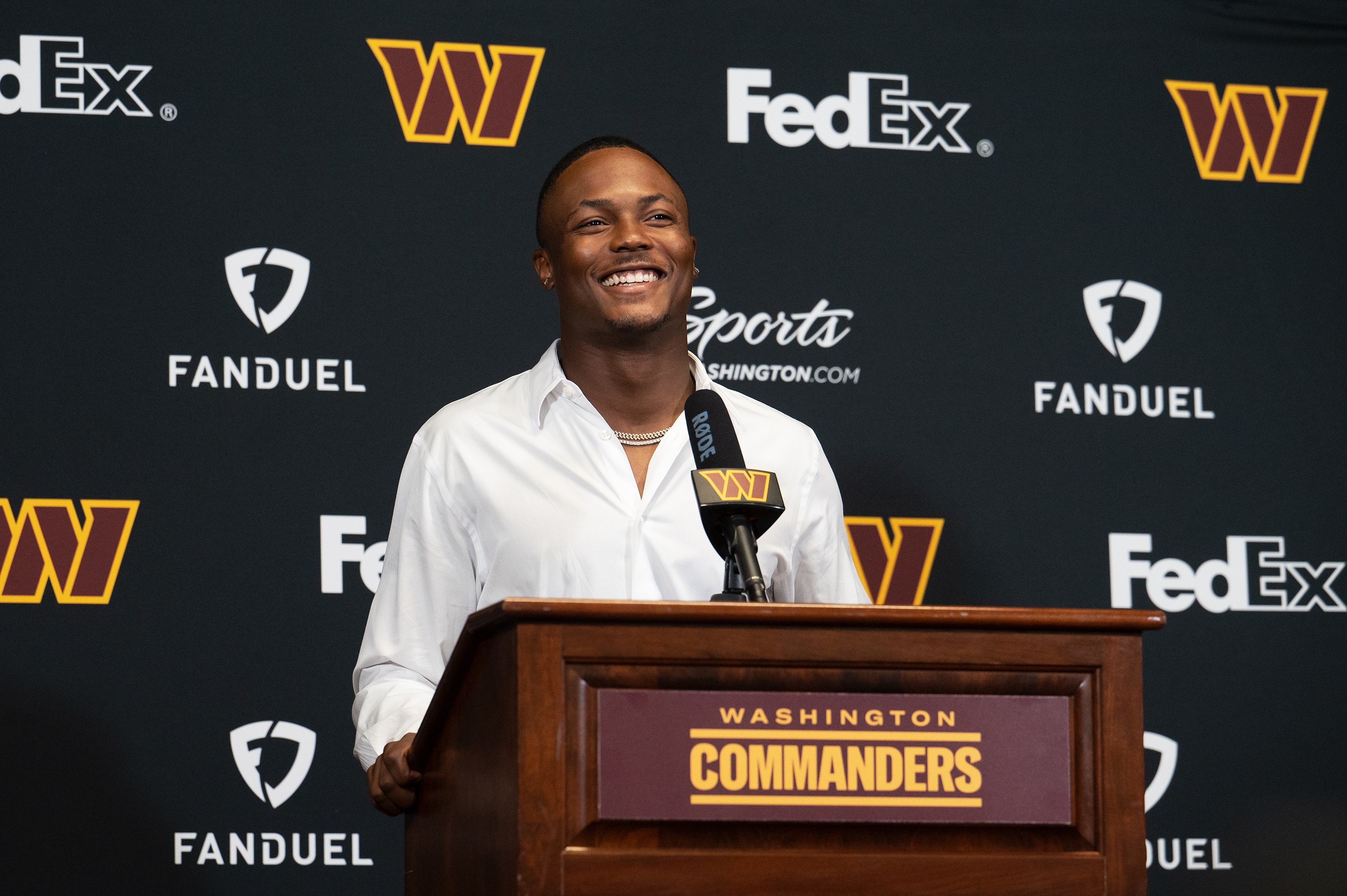 ASHBURN, VA - JULY 06: Washington Commanders wide receiver Terry McLaurin smiles during a press conference at The Park in Ashburn, VA, on July 06, 2022. (Photo by Craig Hudson for The Washington Post via Getty Images)