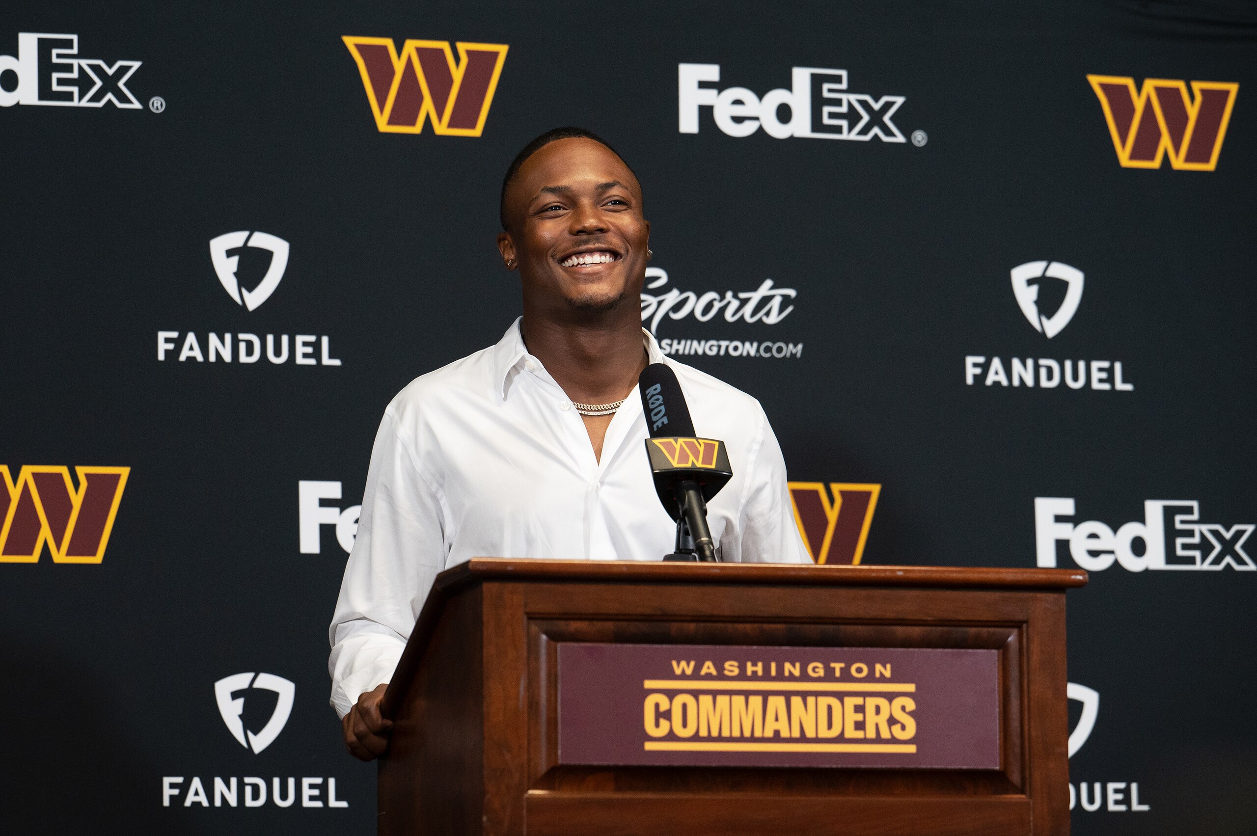 ASHBURN, VA - JULY 06: Washington Commanders wide receiver Terry McLaurin smiles during a press conference at The Park in Ashburn, VA, on July 06, 2022. (Photo by Craig Hudson for The Washington Post via Getty Images) ASHBURN, VA - JULY 06: Washington Commanders wide receiver Terry McLaurin smiles during a press conference at The Park in Ashburn, VA, on July 06, 2022. (Photo by Craig Hudson for The Washington Post via Getty Images)