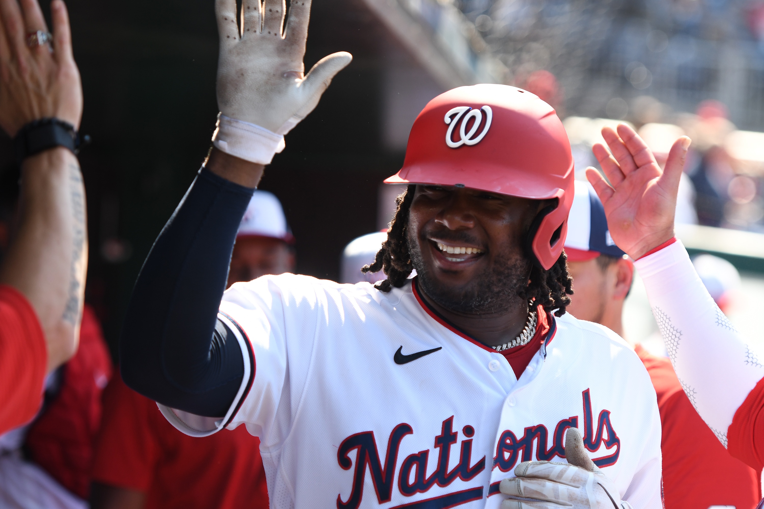 WASHINGTON, DC - JULY 03:  Josh Bell #19 of the Washington Nationals celebrates his solo home run in the eighth inning against Miami Marlins at Nationals Park on July 3, 2022 in Washington, DC.  (Photo by Mitchell Layton/Getty Images)