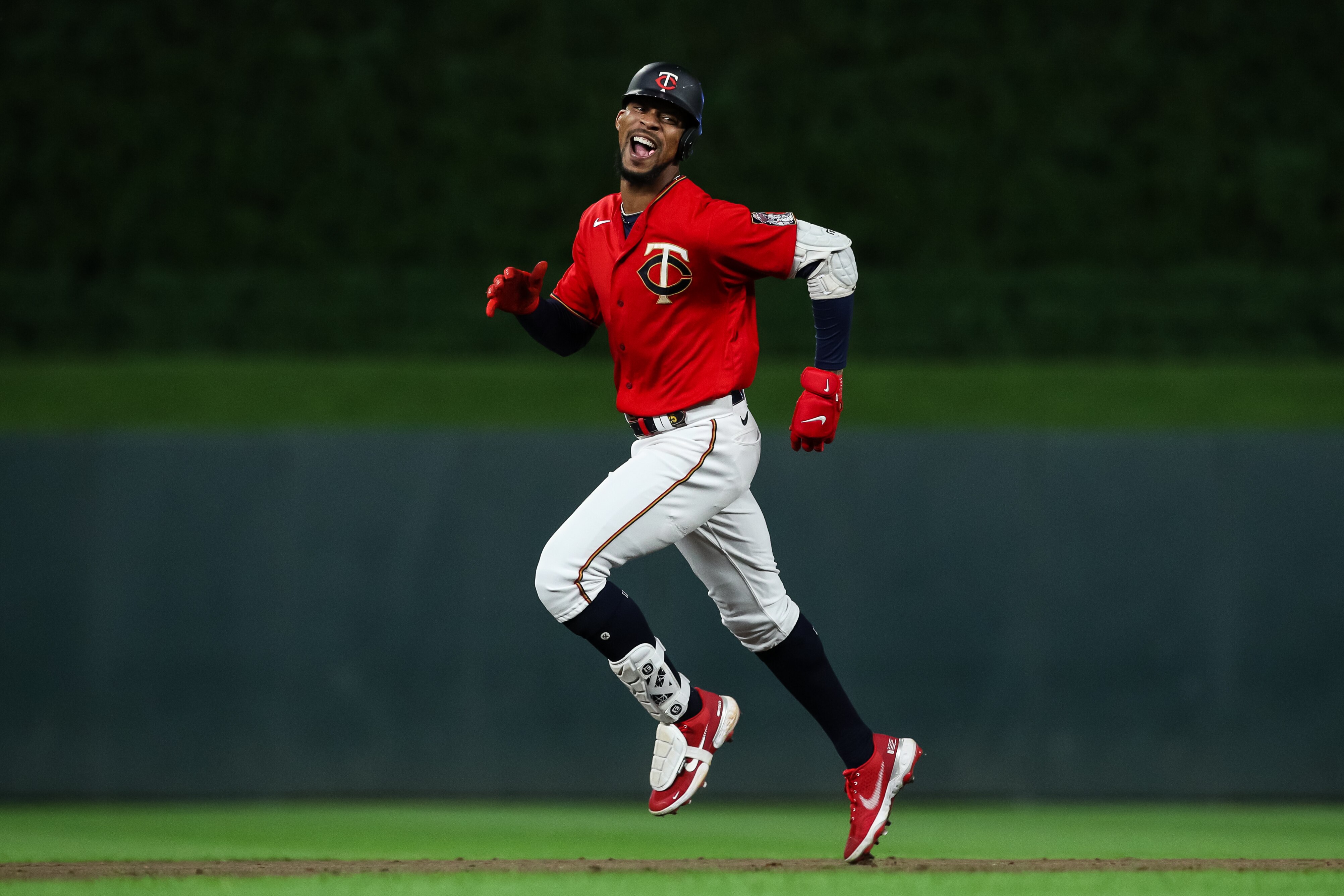 MINNEAPOLIS, MN - JULY 01: Byron Buxton #25 of the Minnesota Twins celebrates his walk off two-run home run as he rounds the bases against the Baltimore Orioles in the ninth inning of the game at Target Field on July 1, 2022 in Minneapolis, Minnesota. The Twins defeated the Orioles 3-2. (Photo by David Berding/Getty Images)