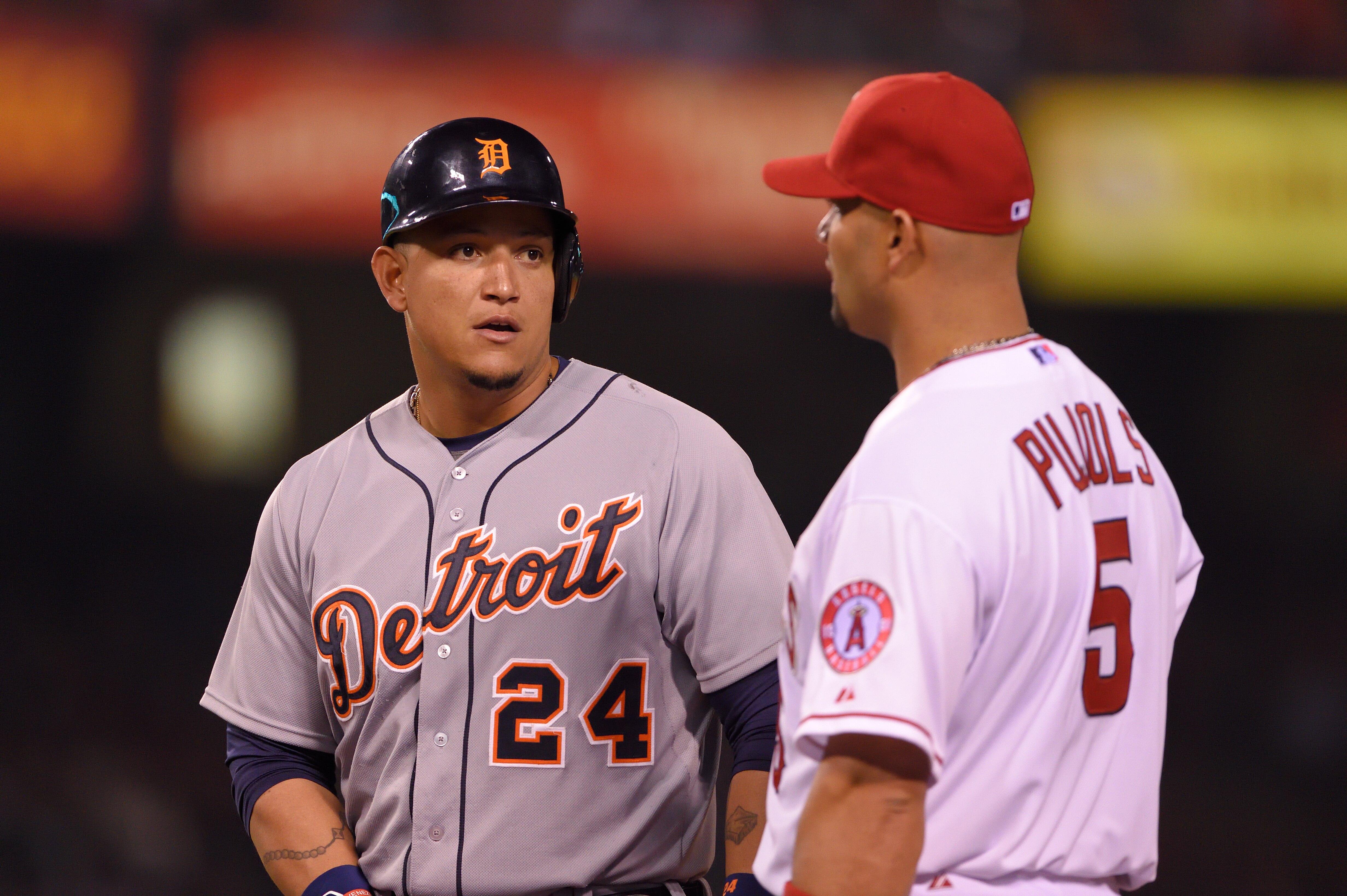 ANAHEIM, CA - MAY 29: Miguel Cabrera #24 of the Detroit Tigers and Albert Pujols #5 of the Los Angeles Angels of Anaheim talk during the eighth inning of the game at Angel Stadium of Anaheim on May 29, 2015 in Anaheim, California. (Photo by Matt Brown/Angels Baseball LP/Getty Images)