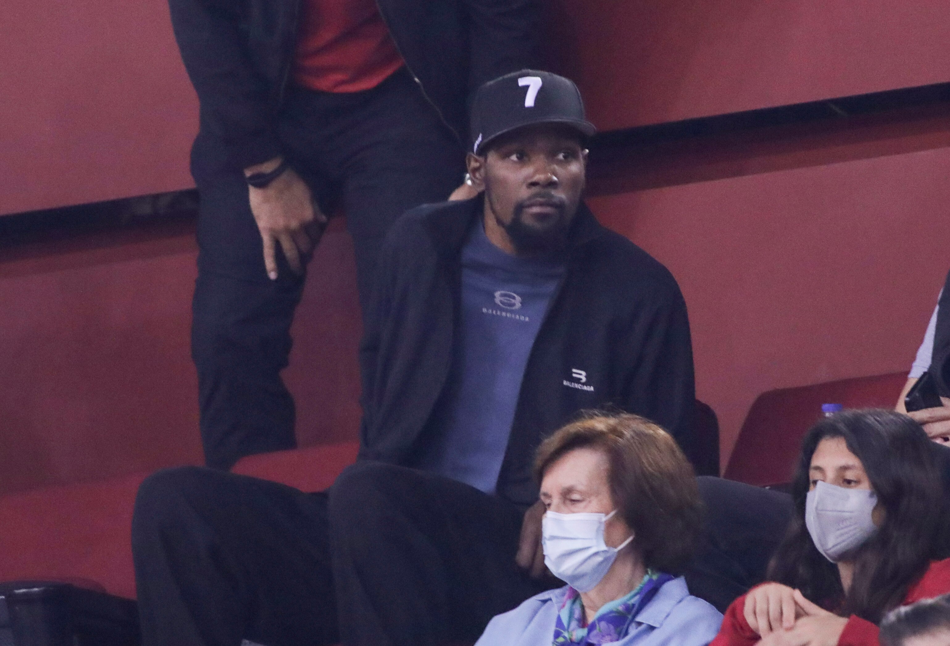ATHENS, GREECE - MAY 04: Kevin Durant, NBA player of the Brooklyn Nets, attends the Turkish Airlines EuroLeague Play Off Game 5 match between Olympiacos Piraeus and AS Monaco at Peace and Friendship Stadium on May 04, 2022 in Athens, Greece. (Photo by Panagiotis Moschandreou/Euroleague Basketball via Getty Images)