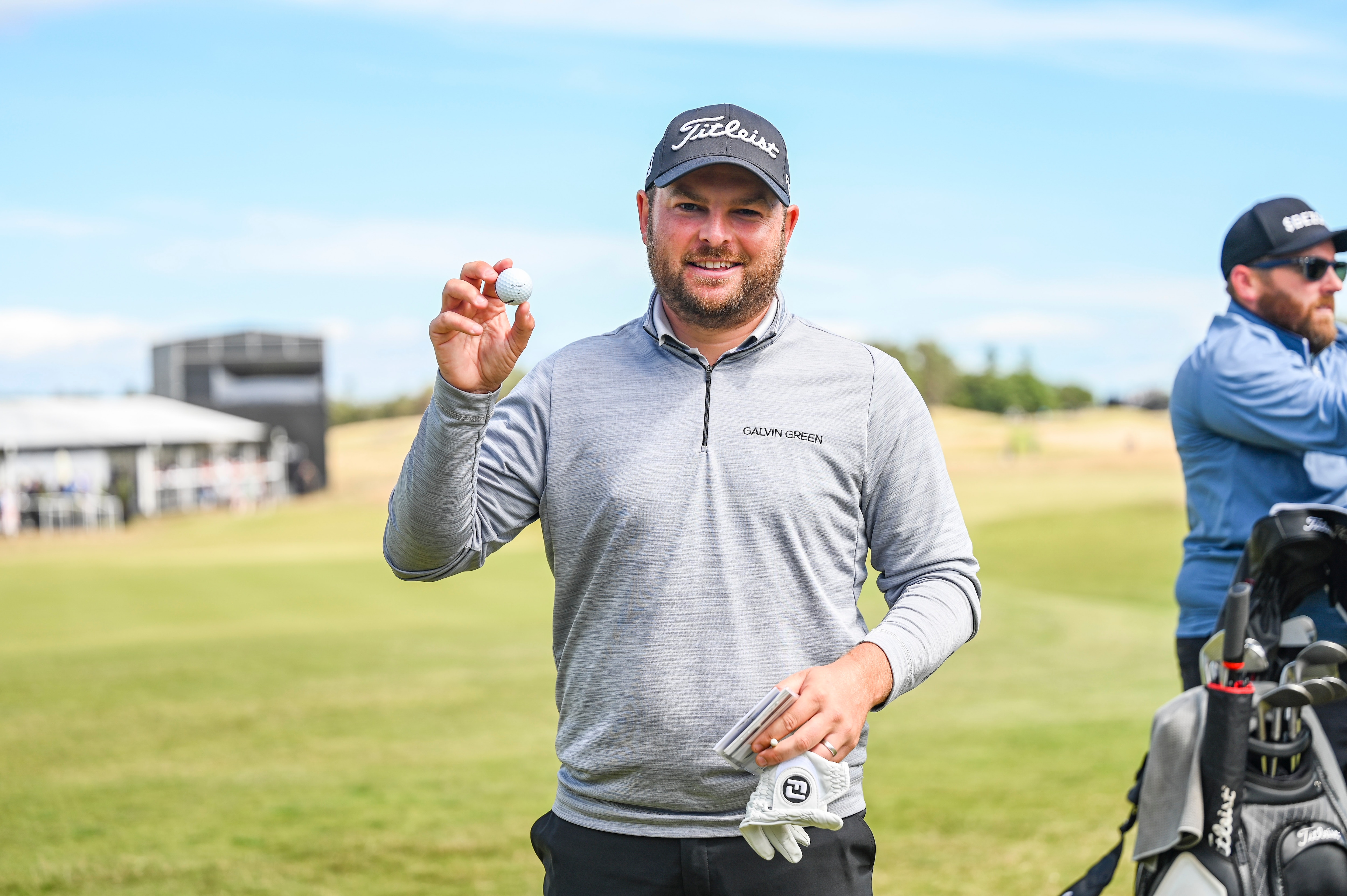 NORTH BERWICK, SCOTLAND - JULY 08:  Jordan Smith of England smiles with the ball he used to make an ace (hole-in-one) following the second round of the Genesis Scottish Open at The Renaissance Club on July 08, 2022 in North Berwick, Scotland. (Photo by Keyur Khamar/PGA TOUR via Getty Images)