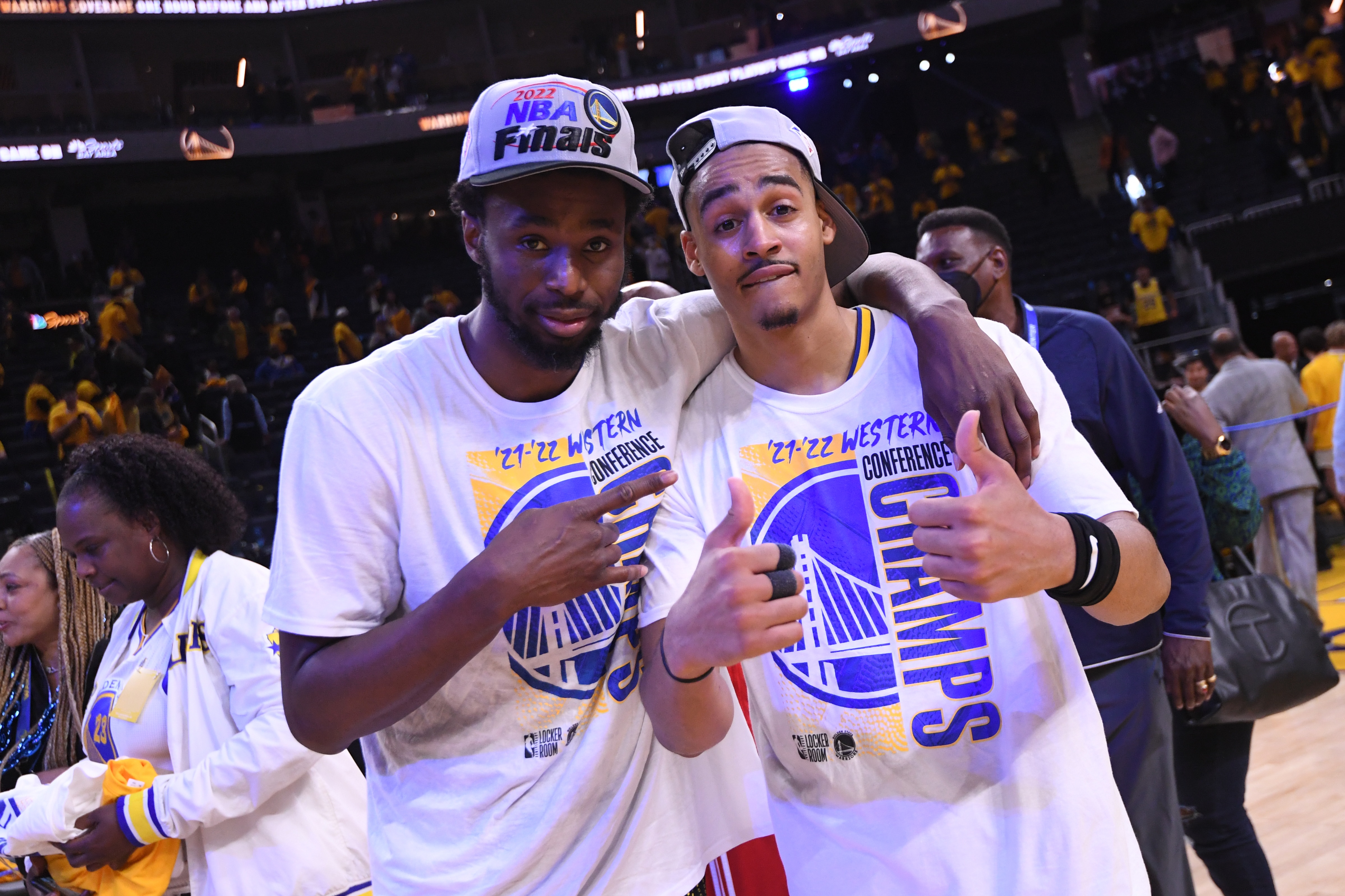 SAN FRANCISCO, CA - MAY 26: Andrew Wiggins #22 and Jordan Poole #3 of the Golden State Warriors pose for a photo after Game 5 of the 2022 NBA Playoffs Western Conference Finals on March 26, 2022 at Chase Center in San Francisco, California. NOTE TO USER: User expressly acknowledges and agrees that, by downloading and or using this photograph, user is consenting to the terms and conditions of Getty Images License Agreement. Mandatory Copyright Notice: Copyright 2022 NBAE (Photo by Noah Graham/NBAE via Getty Images)